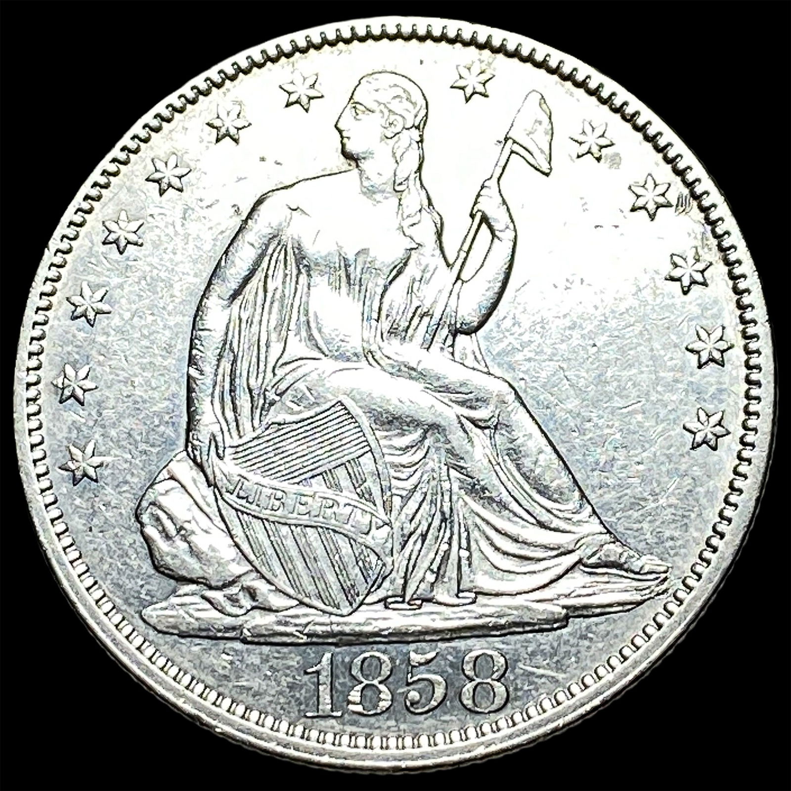 1858 Silver Half Dollar (Seated Liberty) CLOSELY UNCIRCULATED: 1858 Silver Half Dollar (Seated Liberty) CLOSELY UNCIRCULATED