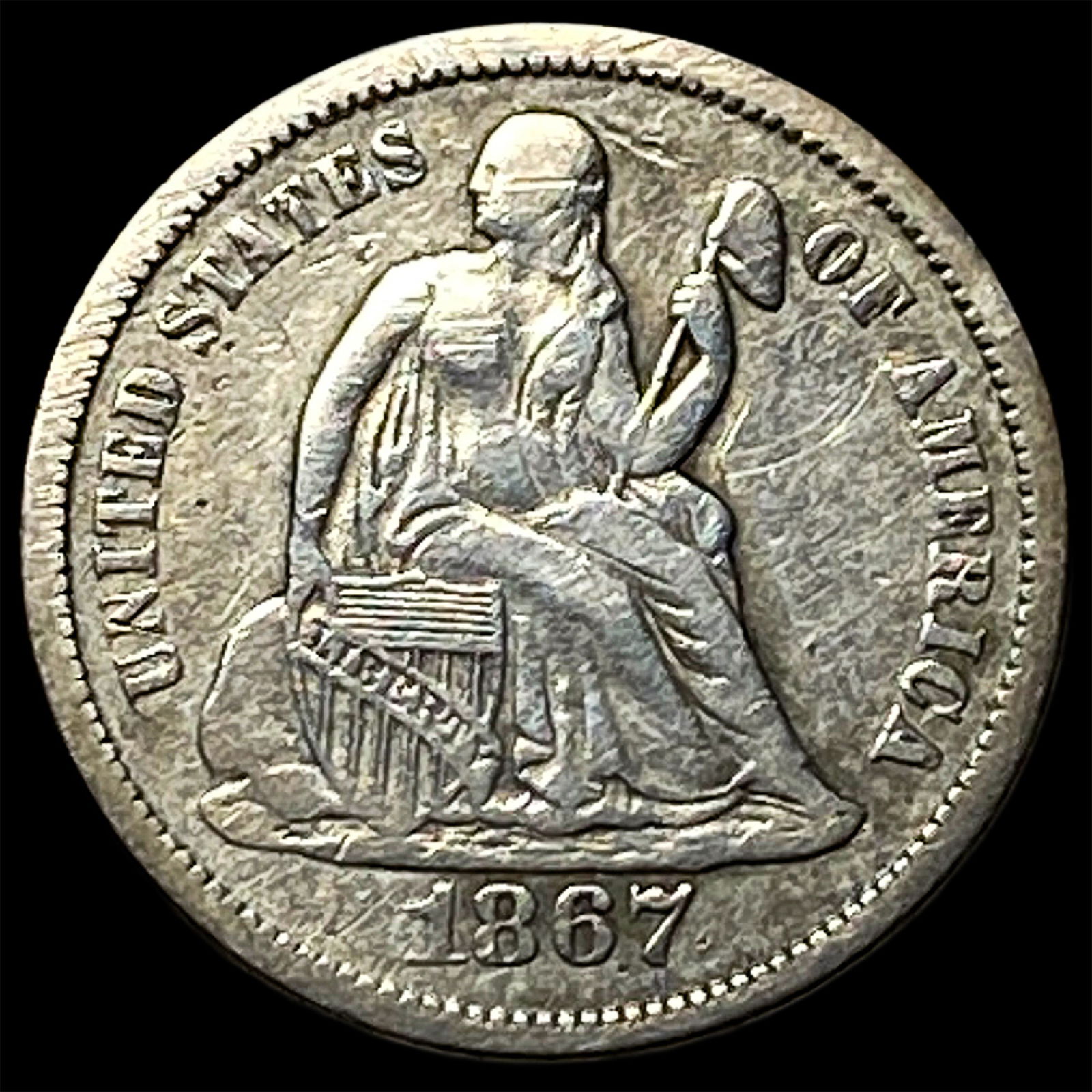 1867-S Silver Seated Liberty Dime ABOUT UNCIRCULATED: 1867-S Silver Seated Liberty Dime ABOUT UNCIRCULATED