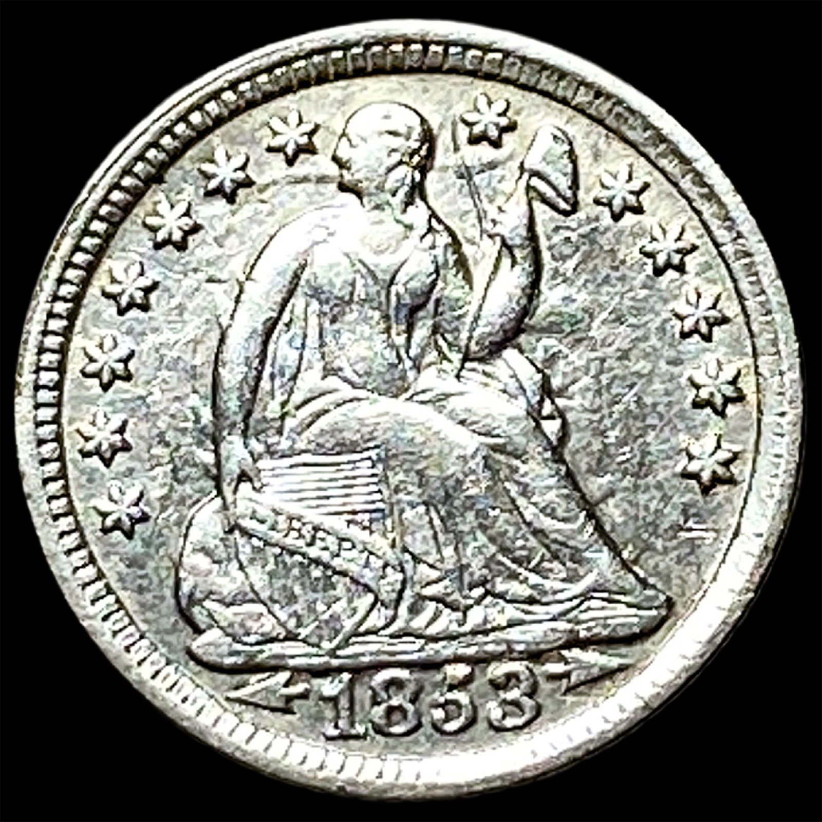 1853 Arrows Seated Liberty Half Dime CLOSELY UNCIRCULATED: 1853 Arrows Seated Liberty Half Dime CLOSELY UNCIRCULATED