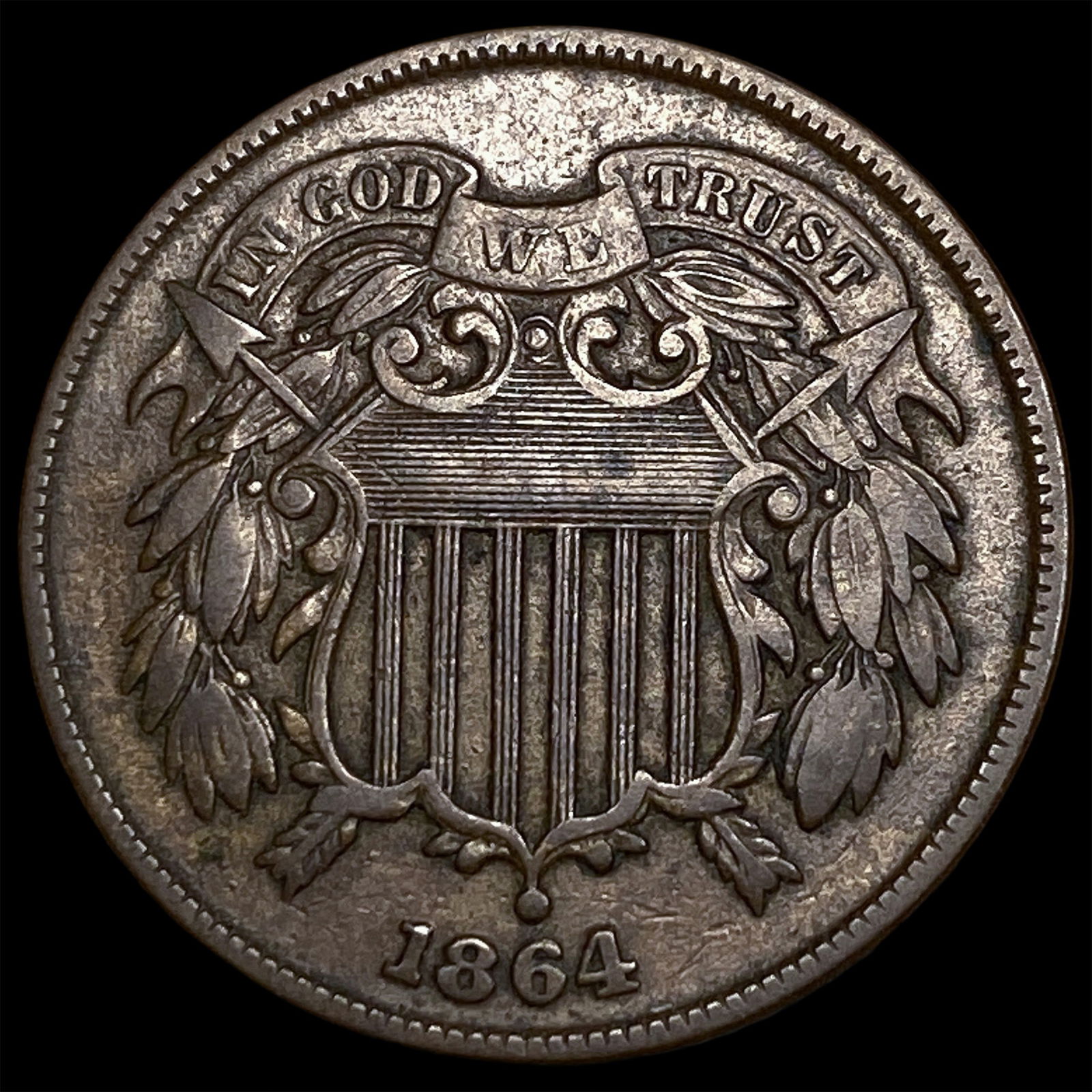 1864 Lg. Motto Two-Cent Piece ABOUT UNCIRCULATED: 1864 Lg. Motto Two-Cent Piece ABOUT UNCIRCULATED