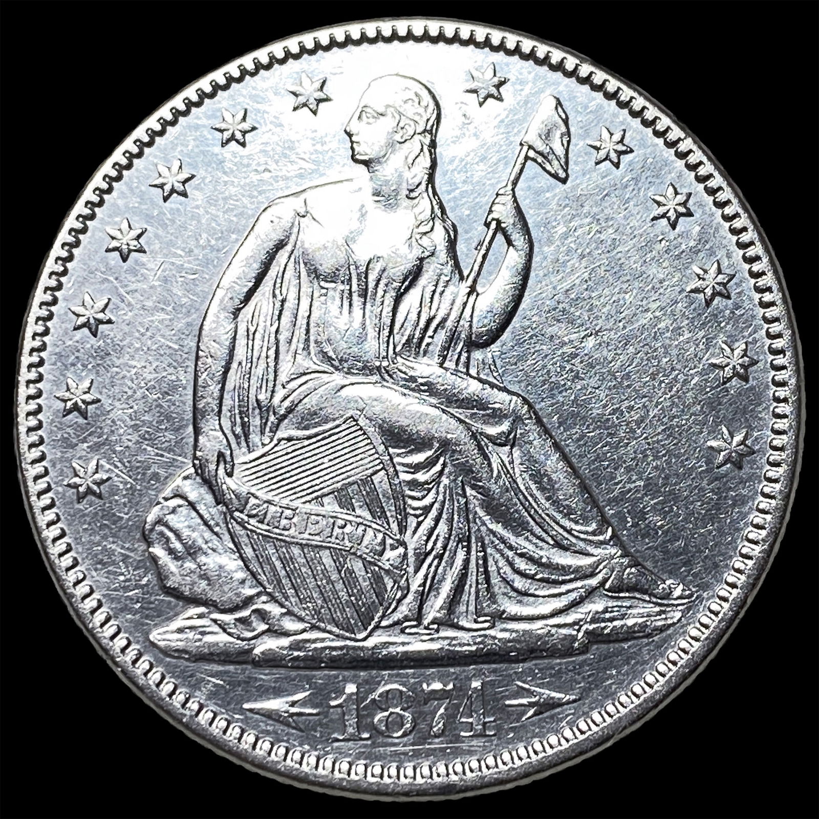 1874 Silver Half Dollar (Seated Liberty) CLOSELY UNCIRCULATED: 1874 Silver Half Dollar (Seated Liberty) CLOSELY UNCIRCULATED