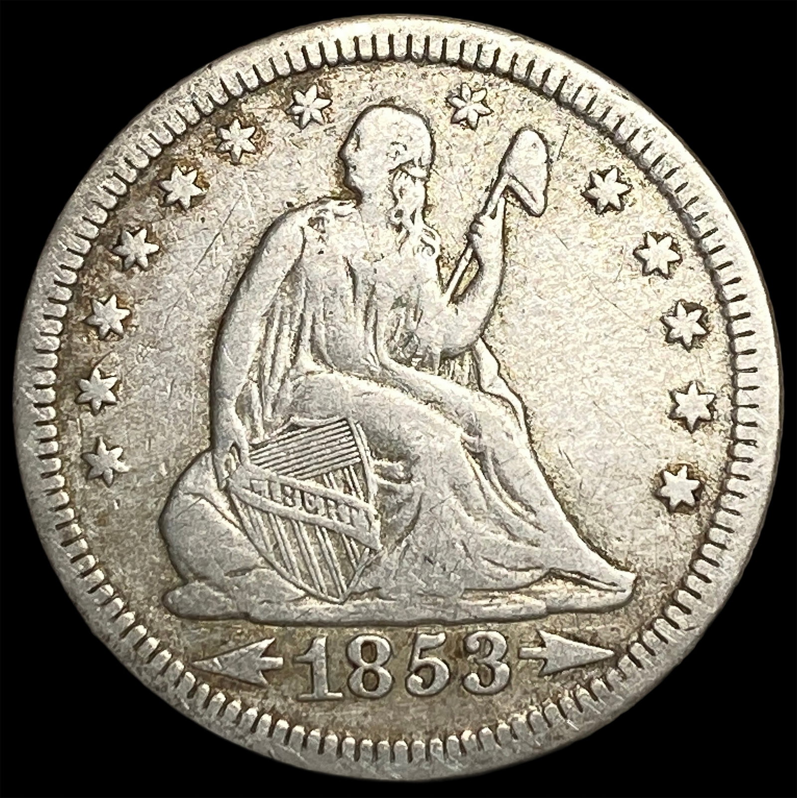 1853 Arrows/Rays Seated Liberty Silver Quarter LIGHTLY CIRCULATED: 1853 Arrows/Rays Seated Liberty Silver Quarter LIGHTLY CIRCULATED