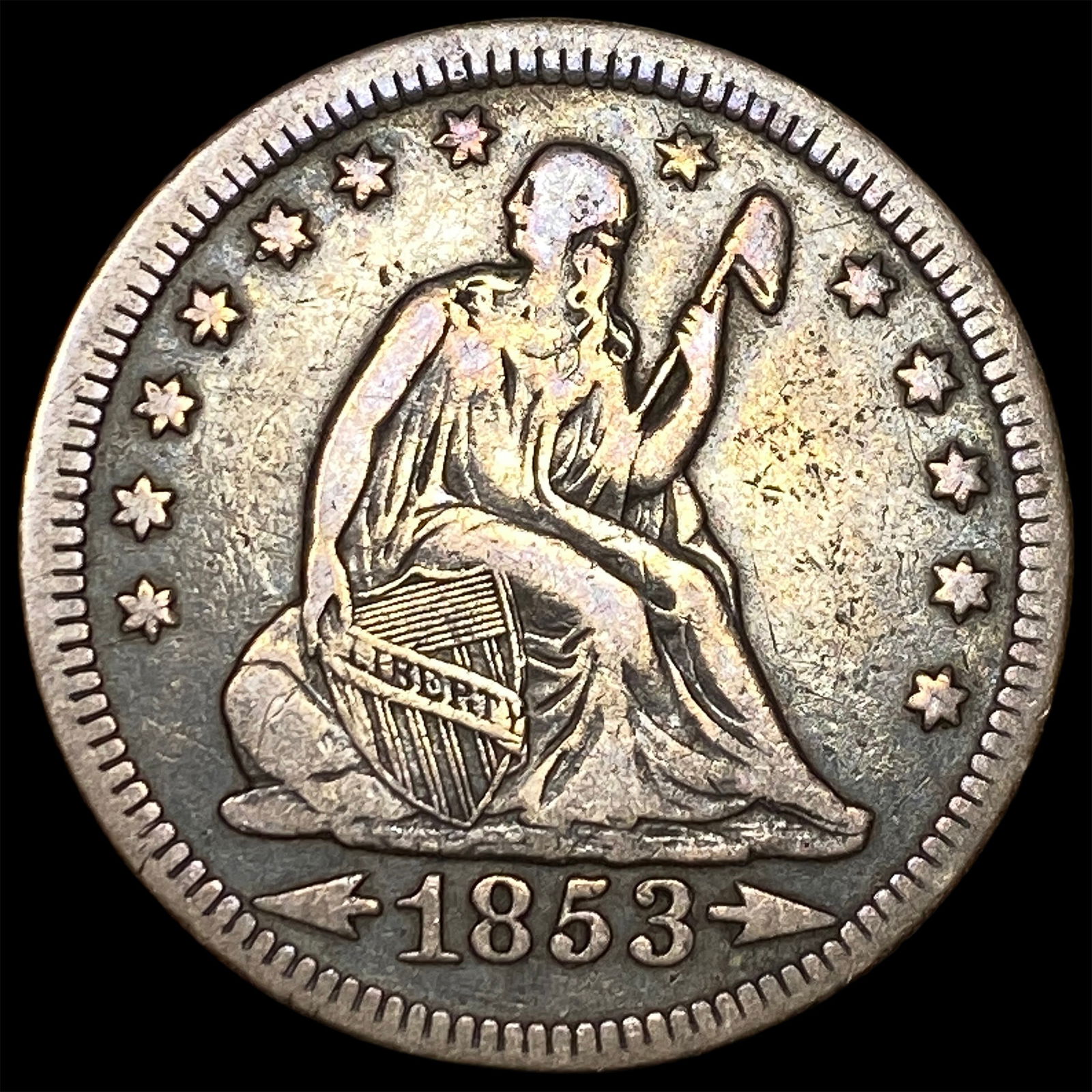 1853 Arrows/Rays Seated Liberty Silver Quarter ABOUT UNCIRCULATED: 1853 Arrows/Rays Seated Liberty Silver Quarter ABOUT UNCIRCULATED