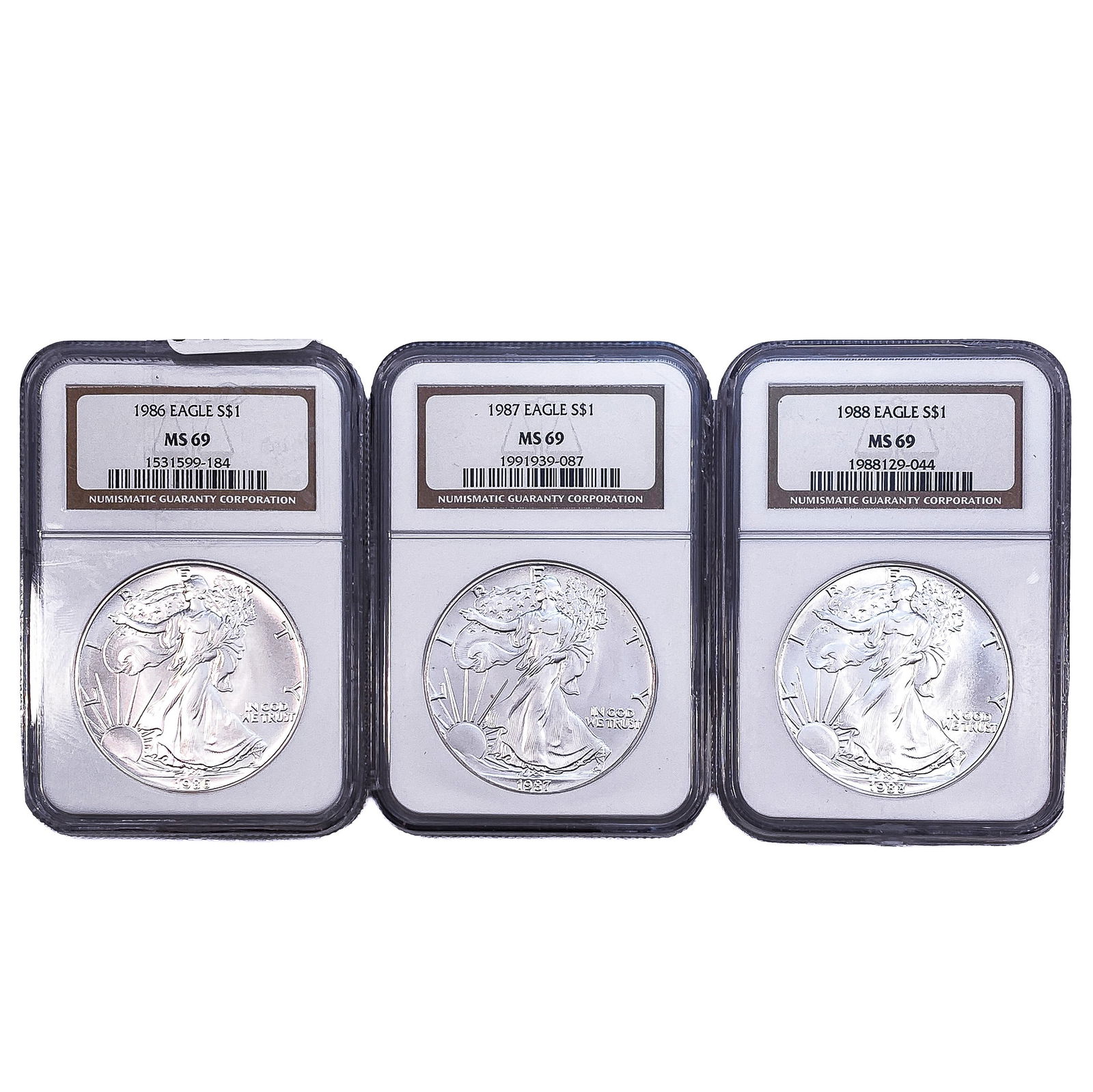 [3 Coins] 1986-1988 Silver Eagle NGC MS69: [3 Coins] 1986-1988 Silver Eagle NGC MS69