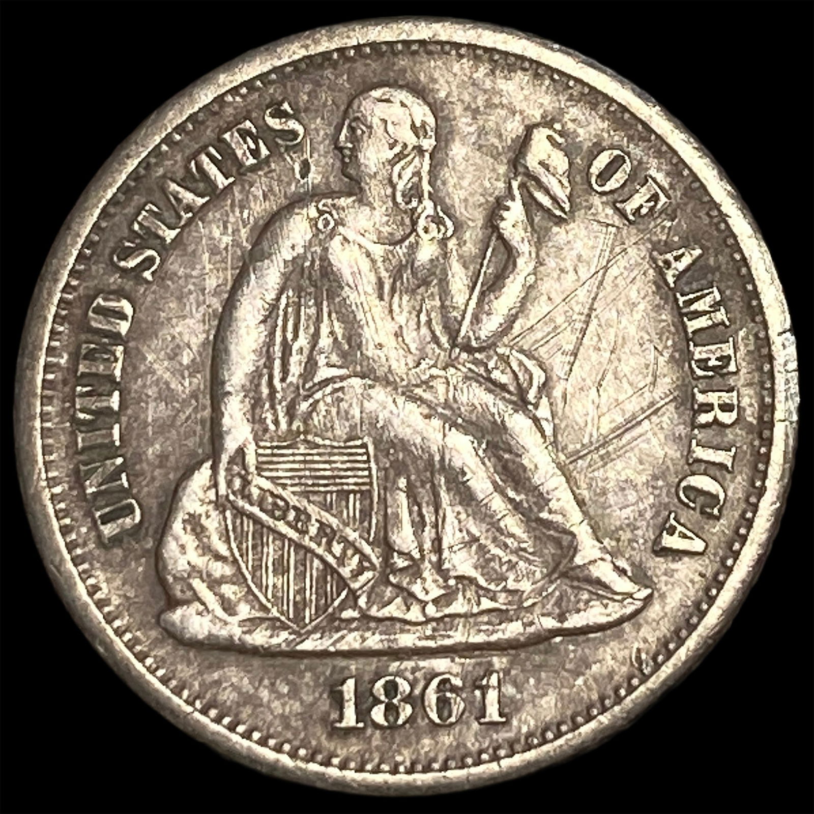 1861-S Silver Seated Liberty Dime NEARLY UNCIRCULATED (1 of 2)