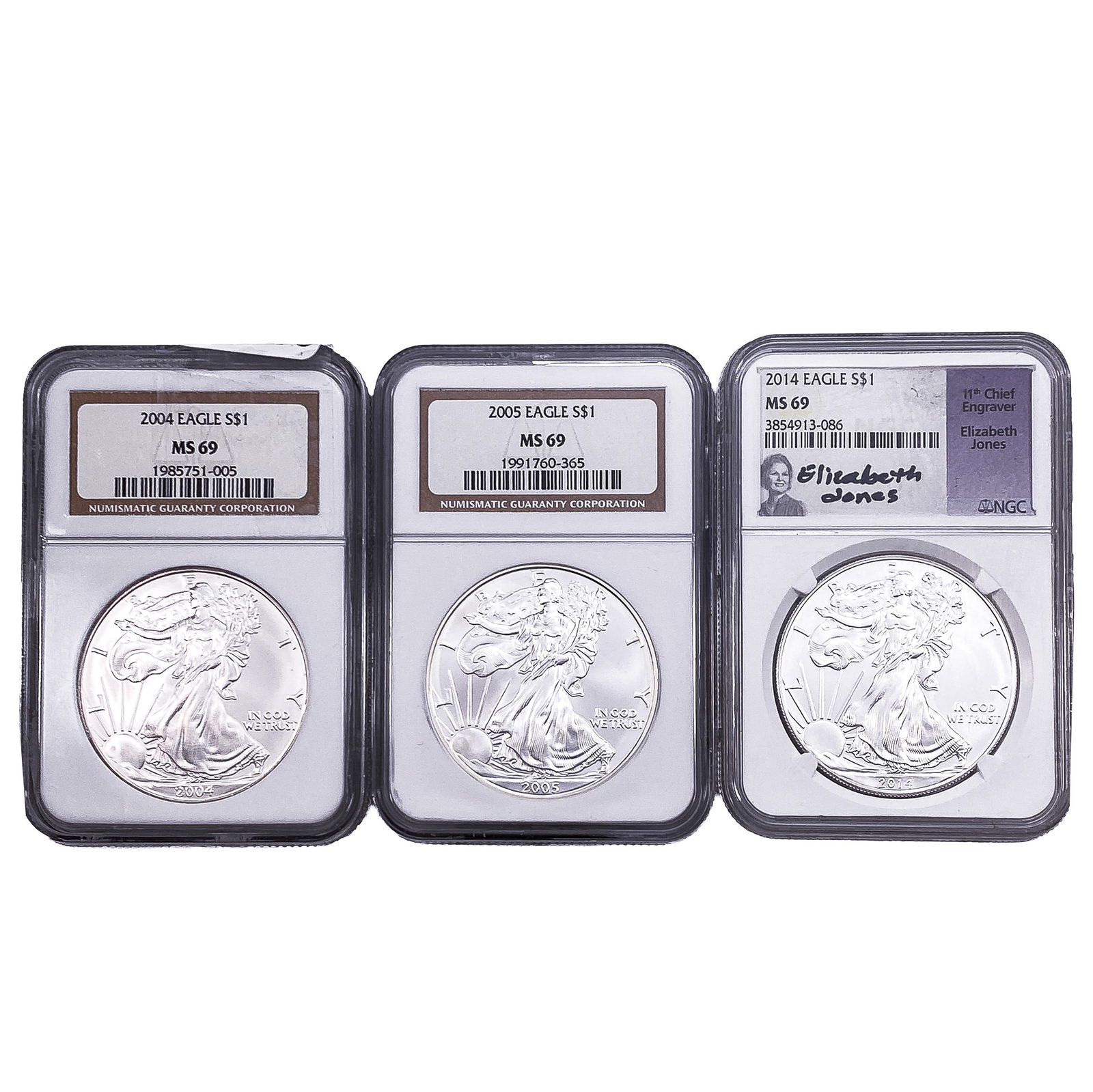 [3 Coins] 2004-2014 Silver Eagle NGC MS69: [3 Coins] 2004-2014 Silver Eagle NGC MS69