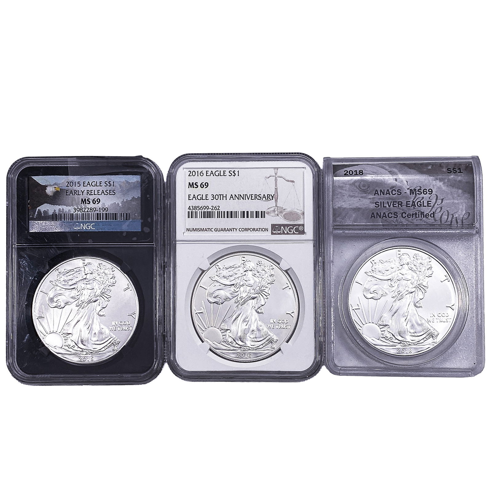 [3 Coins] 2015-2018 Silver Eagle NGC/ANACS MS69: [3 Coins] 2015-2018 Silver Eagle NGC/ANACS MS69