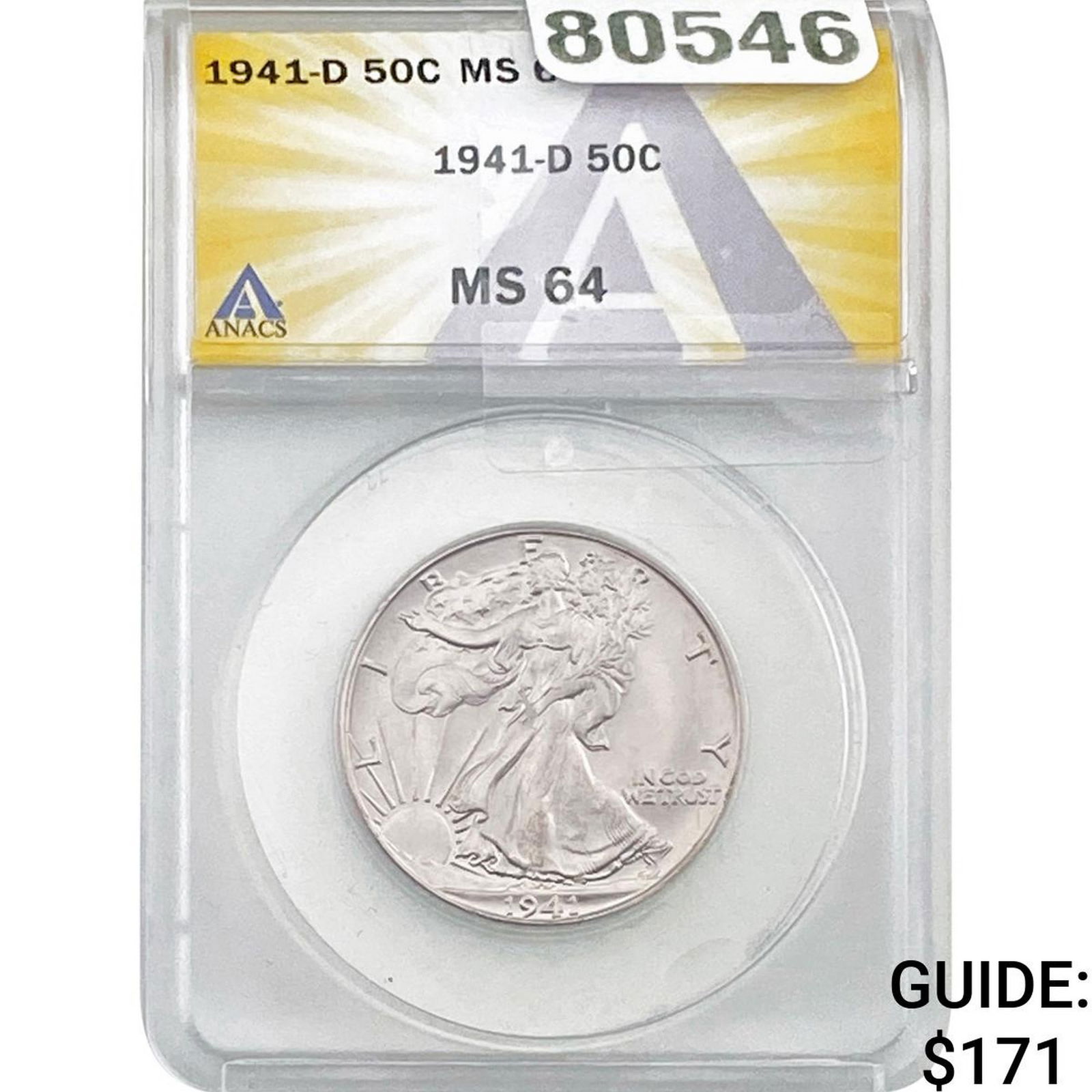 1941-D Walking Liberty Half Dollar ANACS MS64: 1941-D Walking Liberty Half Dollar ANACS MS64