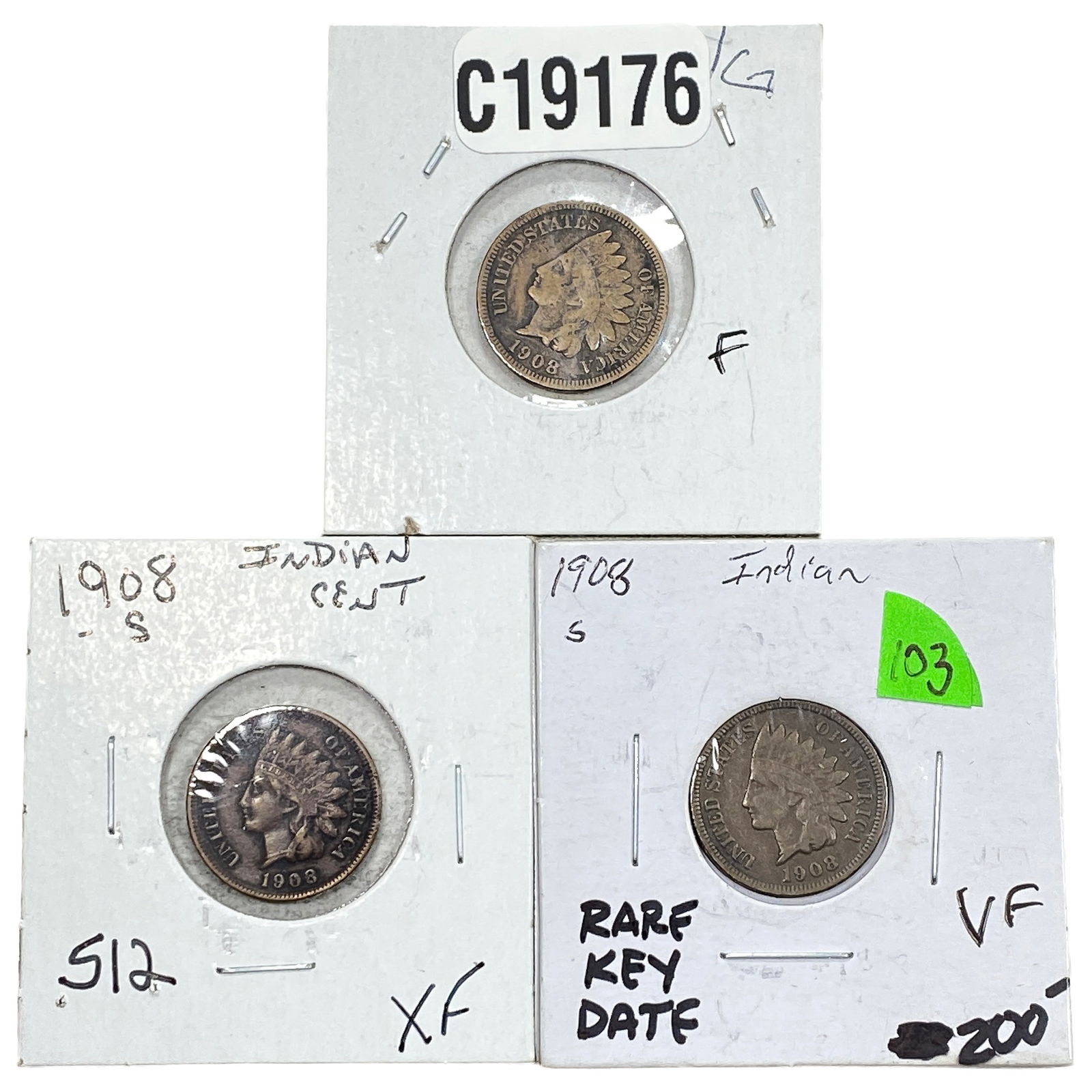 [3 Coins] 1908-S Indian Head Cent Rare Key Date: [3 Coins] 1908-S Indian Head Cent Rare Key Date