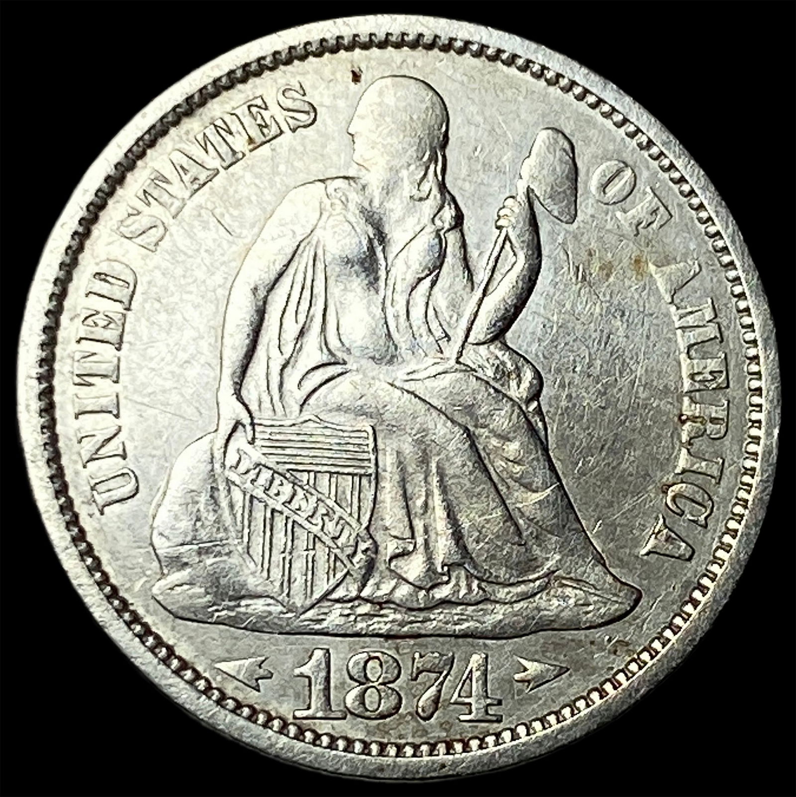 1874 Seated Liberty Dime CLOSELY UNCIRCULATED: 1874 Seated Liberty Dime CLOSELY UNCIRCULATED