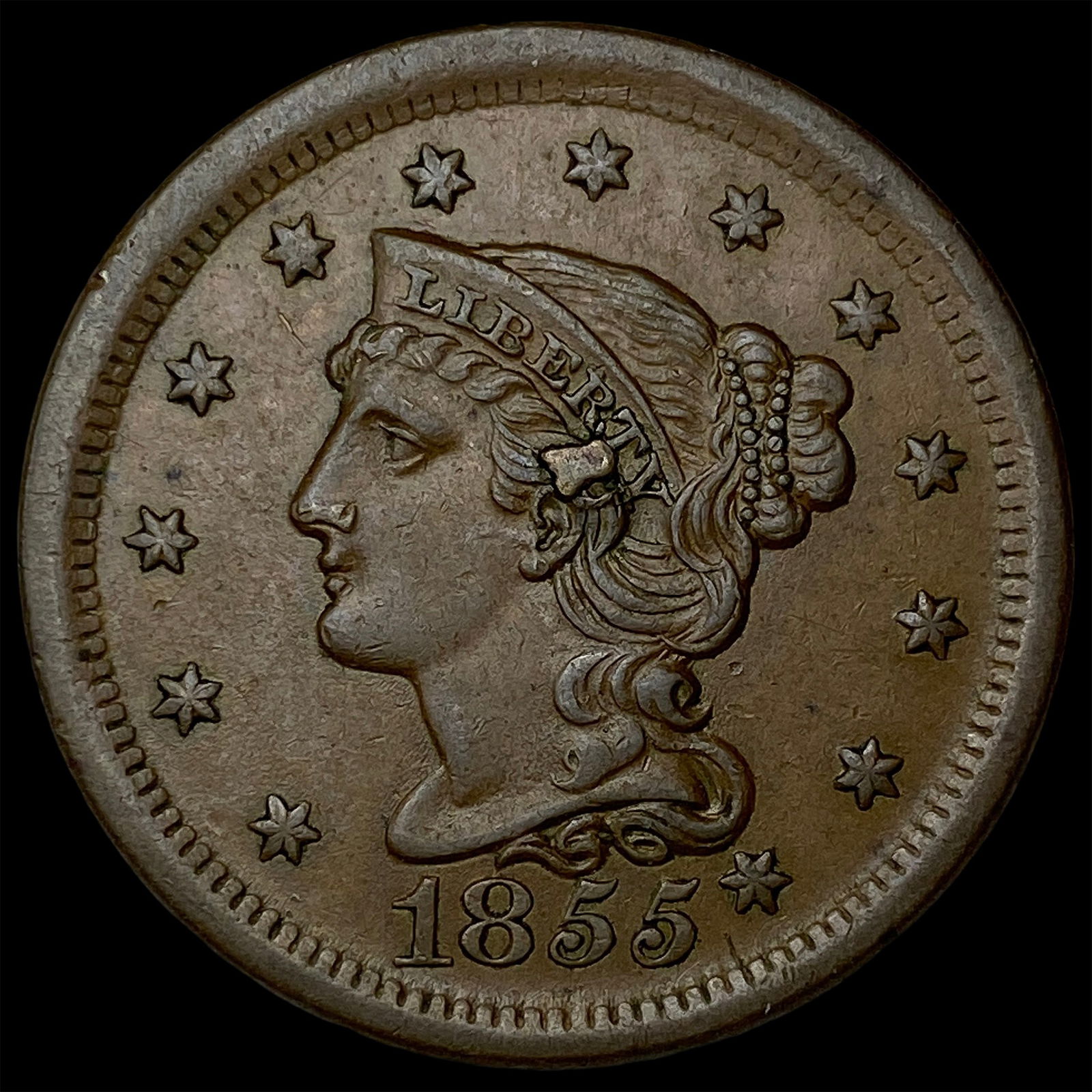 1855 Braided Hair Large Cent CLOSELY UNCIRCULATED: 1855 Braided Hair Large Cent CLOSELY UNCIRCULATED