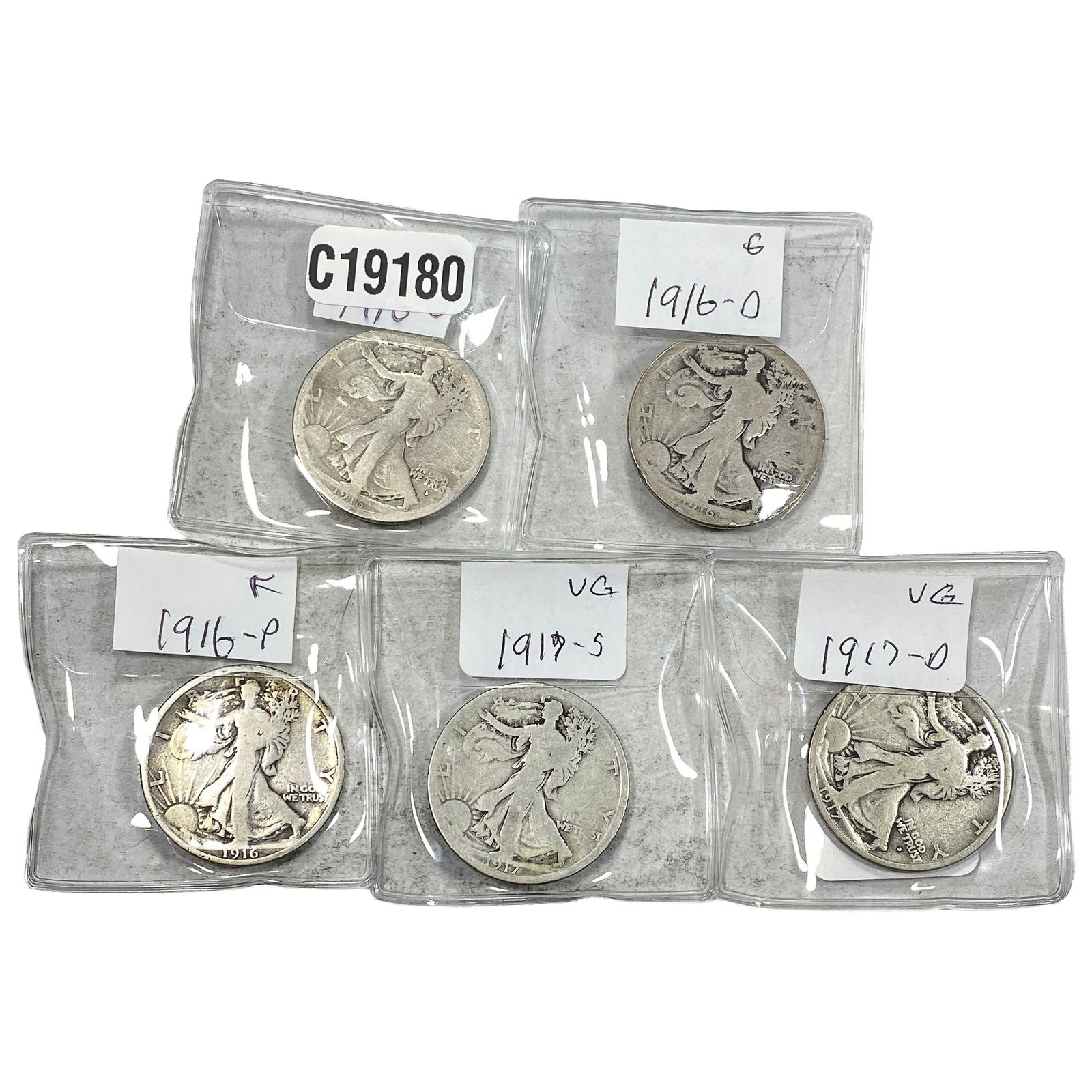 [5 Coins] 1916-1917 Walking Liberty Half Dollar: [5 Coins] 1916-1917 Walking Liberty Half Dollar