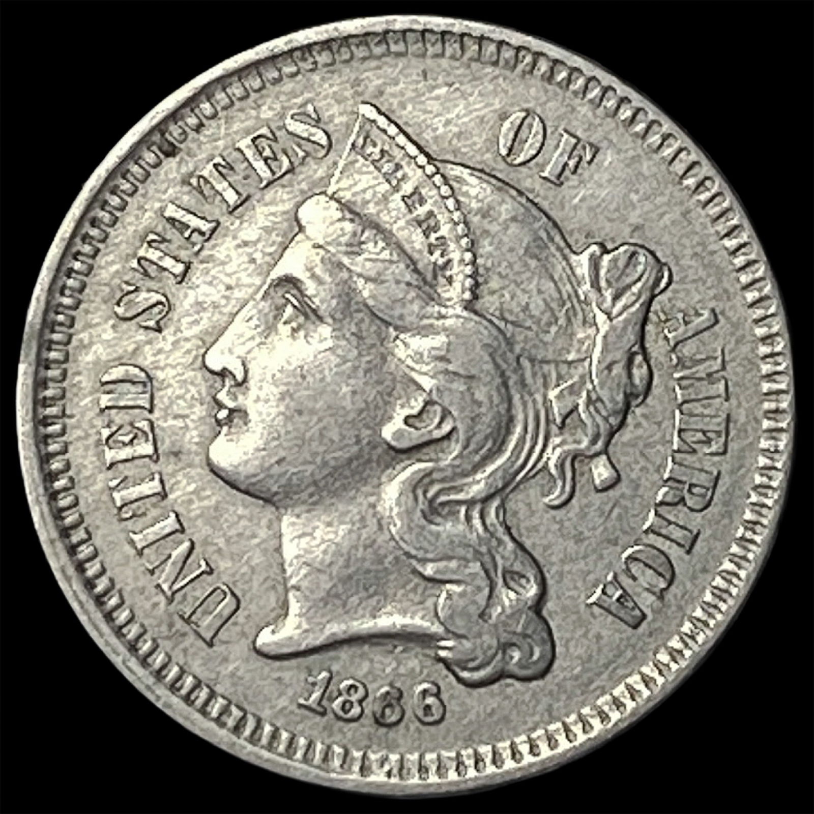 1866 Nickel Three-Cent Piece CLOSELY UNCIRCULATED: 1866 Nickel Three-Cent Piece CLOSELY UNCIRCULATED