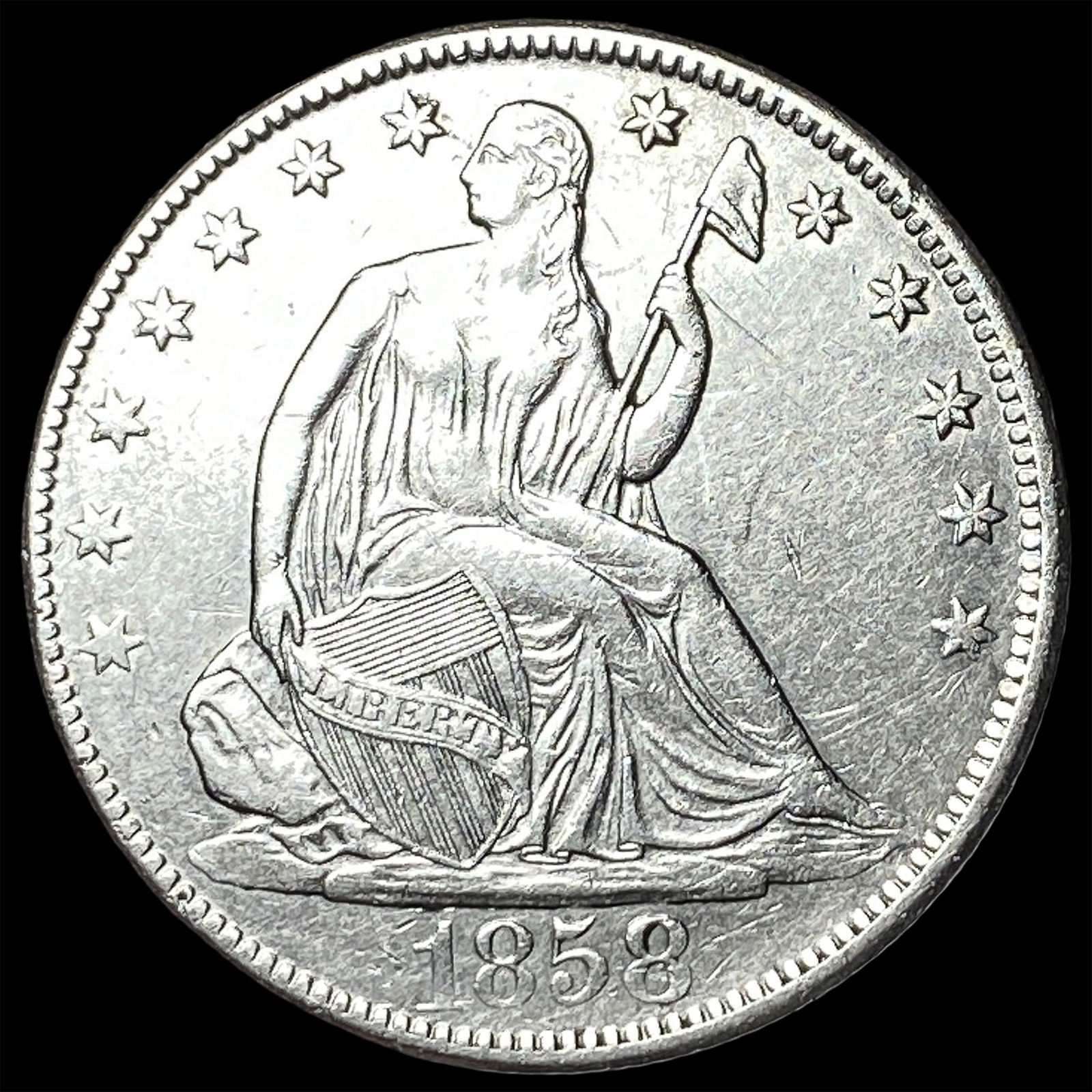 1858-O Silver Seated Liberty Half Dollar CLOSELY UNCIRCULATED: 1858-O Silver Seated Liberty Half Dollar CLOSELY UNCIRCULATED