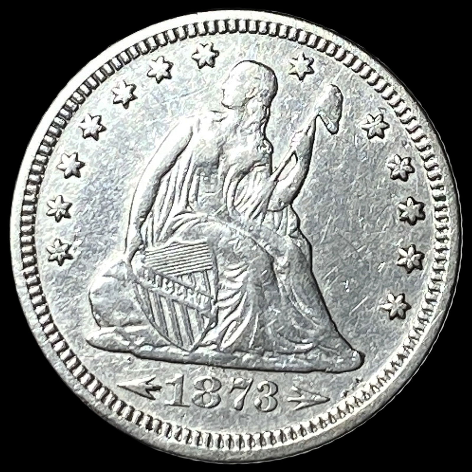1873 Arrows Seated Liberty Quarter CLOSELY UNCIRCULATED: 1873 Arrows Seated Liberty Quarter CLOSELY UNCIRCULATED