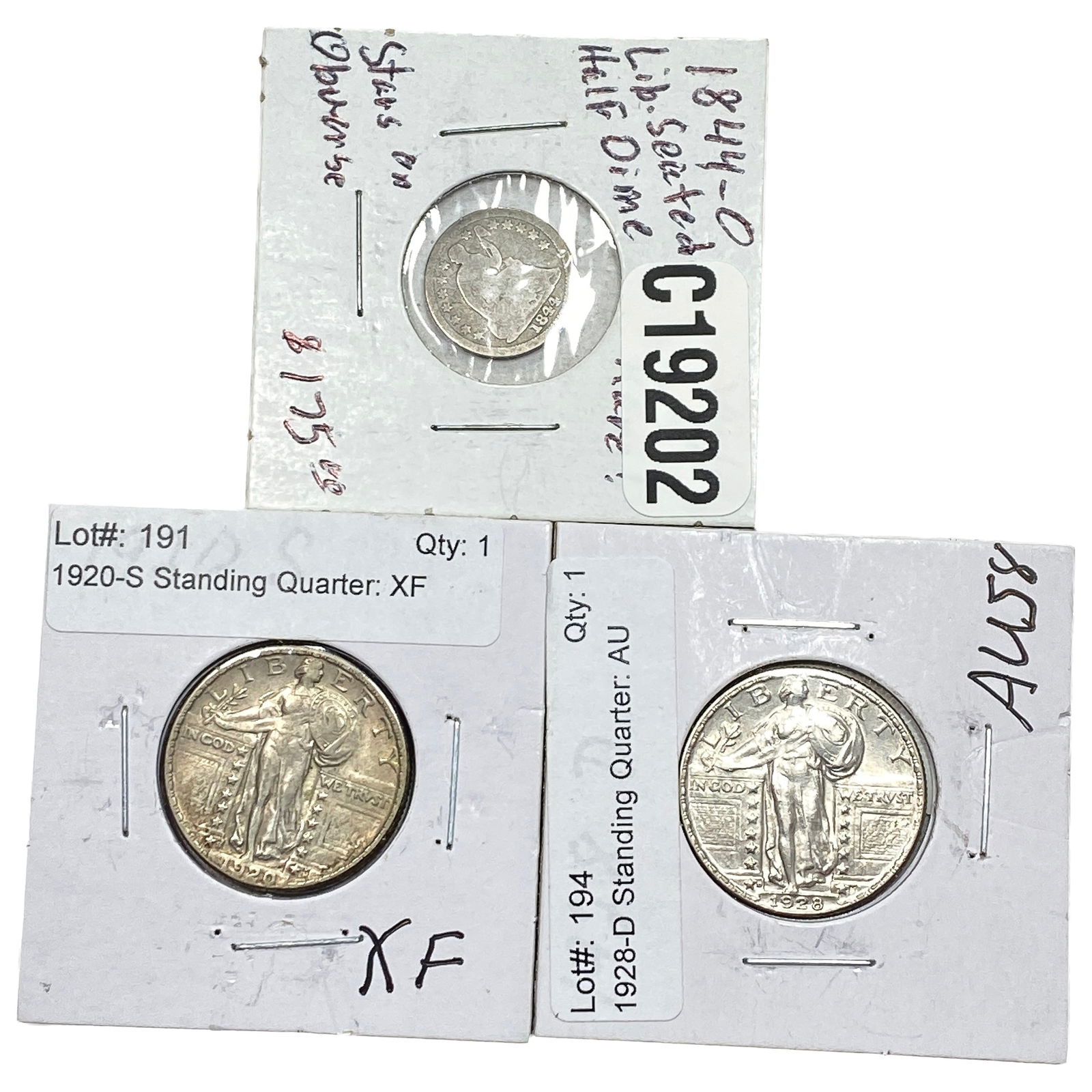 [3 Coins]1844-1928 U.S. Silver Half Dime & 25C Lot: [3 Coins]1844-1928 U.S. Silver Half Dime & 25C Lot