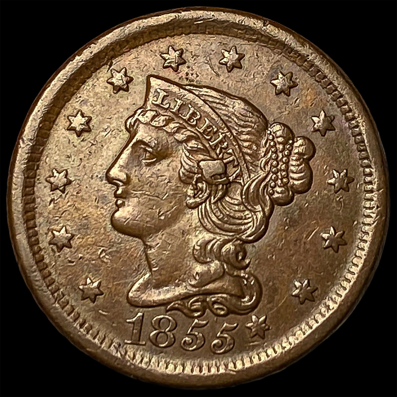 1855 Braided Hair Large Cent CHOICE AU: 1855 Braided Hair Large Cent CHOICE AU
