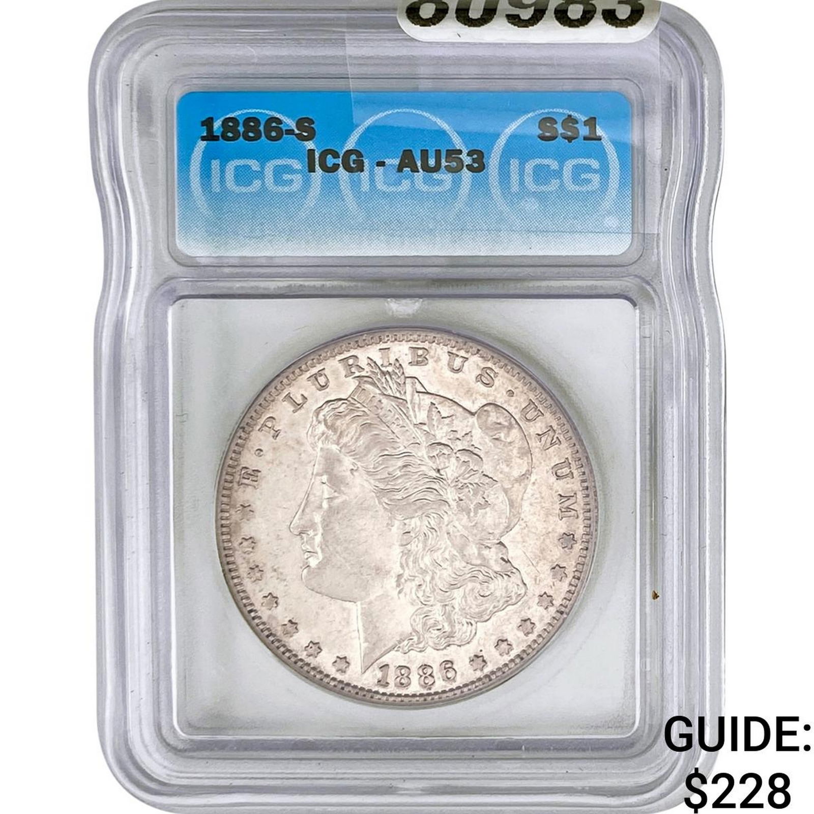 1886-S Morgan Silver Dollar ICG AU53: 1886-S Morgan Silver Dollar ICG AU53