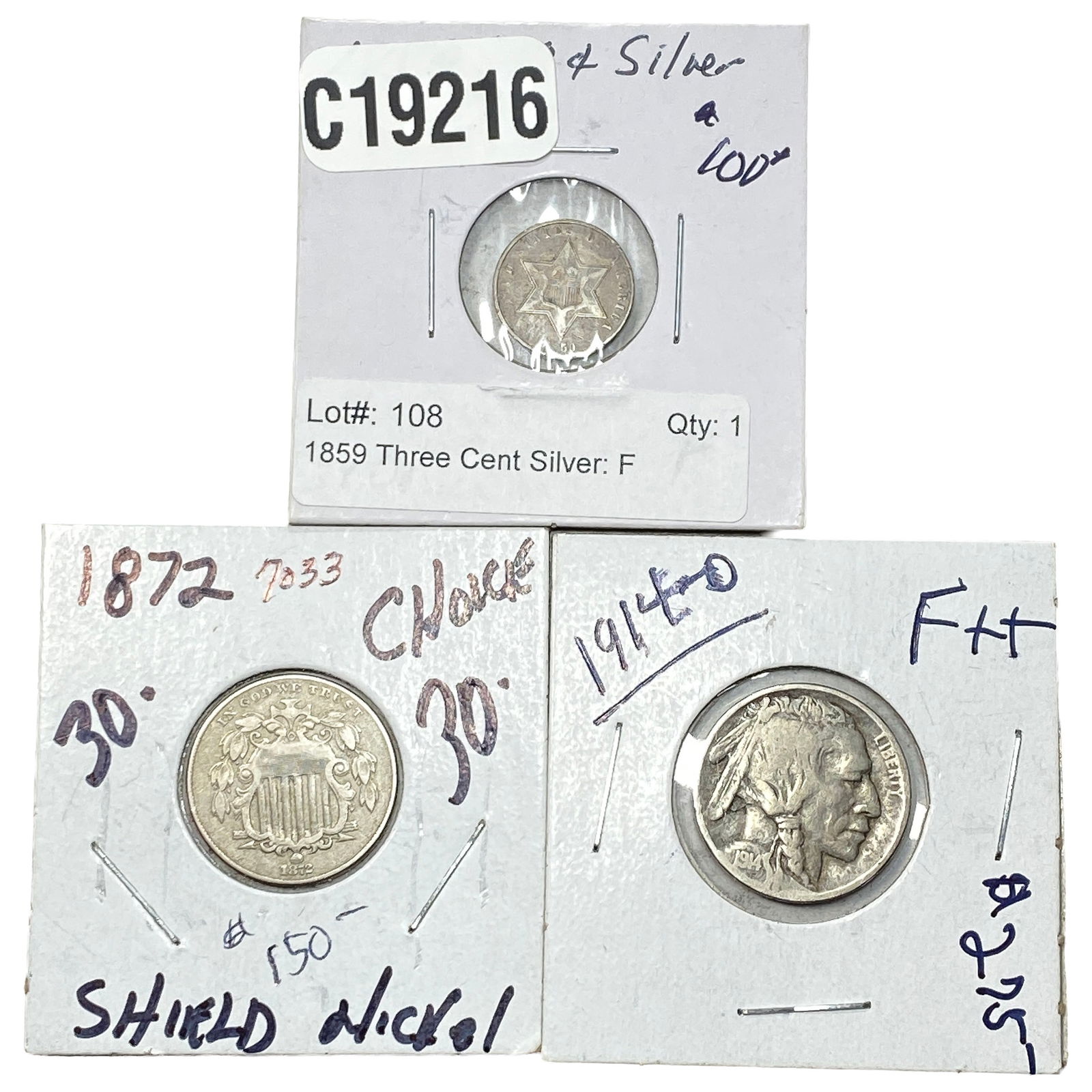 [3 Coins] 1859-1914 U.S. 3C Silver & 5C Lot: [3 Coins] 1859-1914 U.S. 3C Silver & 5C Lot