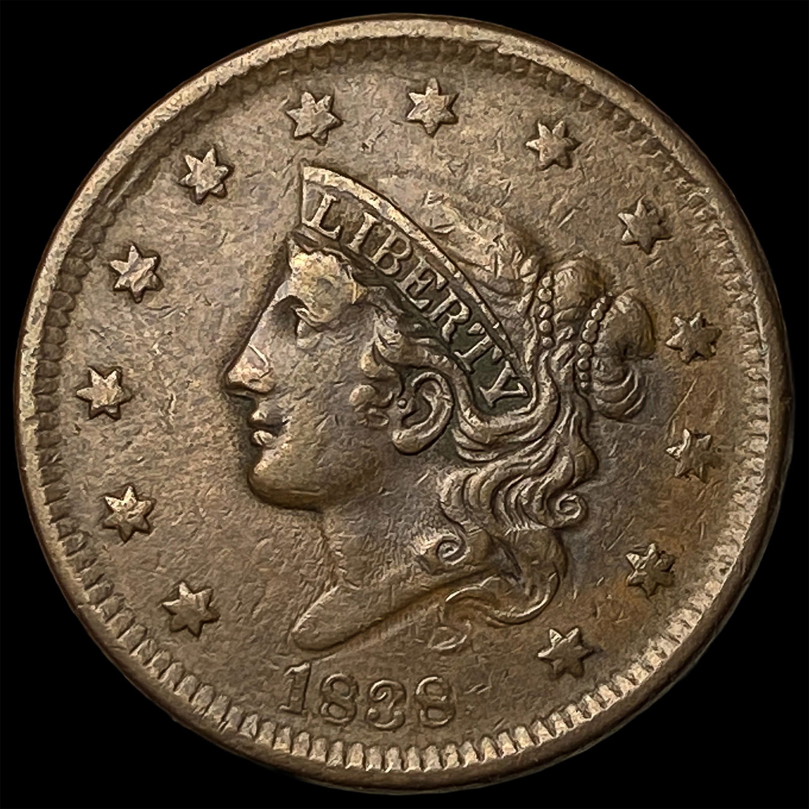 1838 Coronet Head Large Cent NEARLY UNCIRCULATED: 1838 Coronet Head Large Cent NEARLY UNCIRCULATED