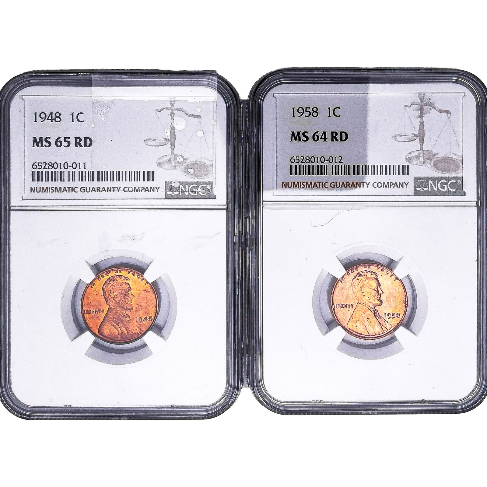 [2 Coins]1948-1958 Wheat Cent NGC MS64/65RD: [2 Coins]1948-1958 Wheat Cent NGC MS64/65RD