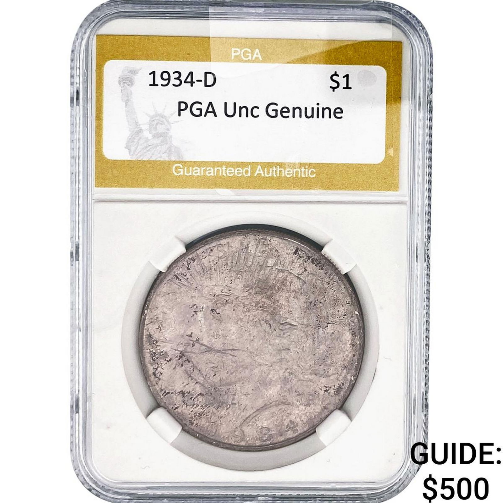 1934-D Silver Peace Dollar PGA Unc Genuine: 1934-D Silver Peace Dollar PGA Unc Genuine