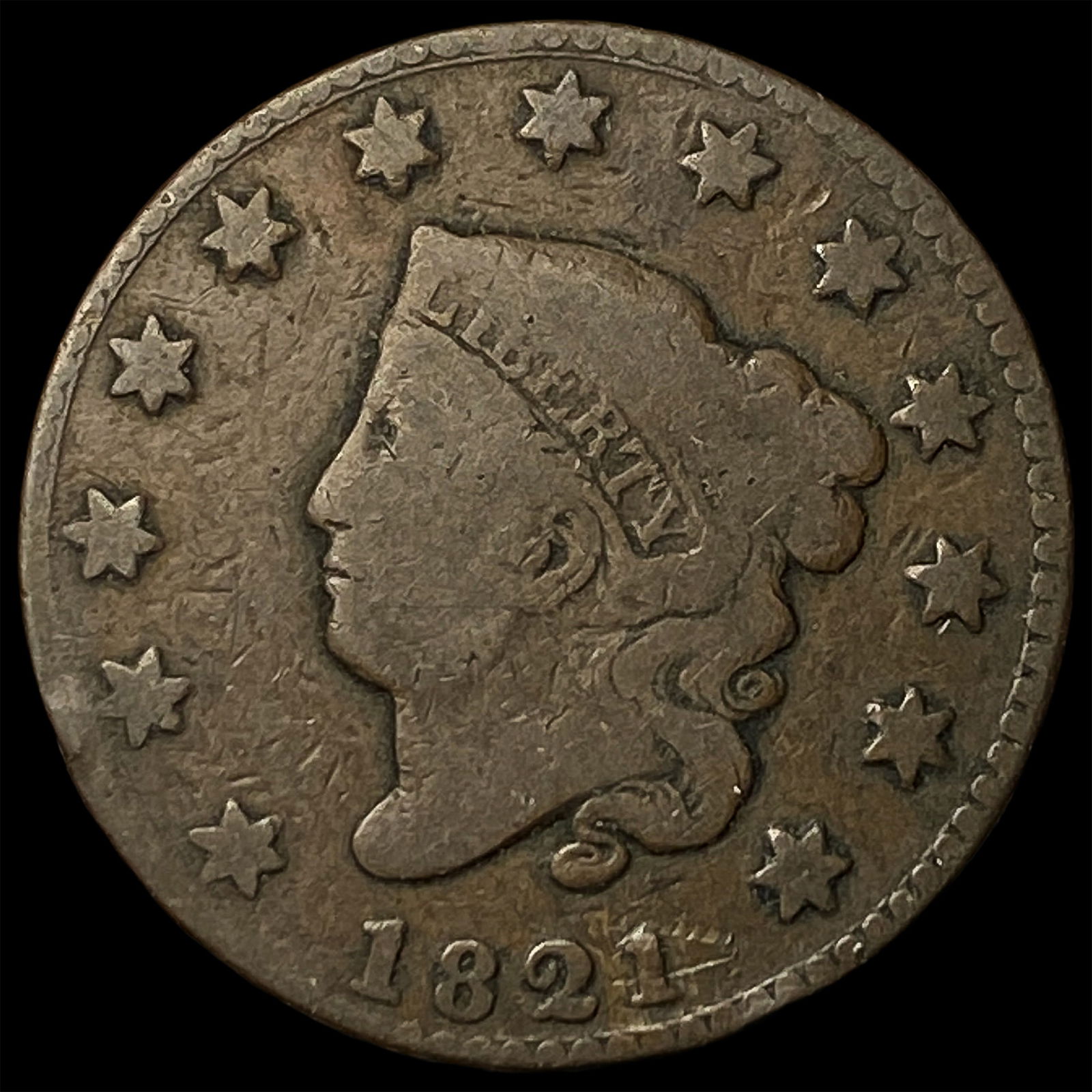 1821 Coronet Head Large Cent NICELY CIRCULATED: 1821 Coronet Head Large Cent NICELY CIRCULATED