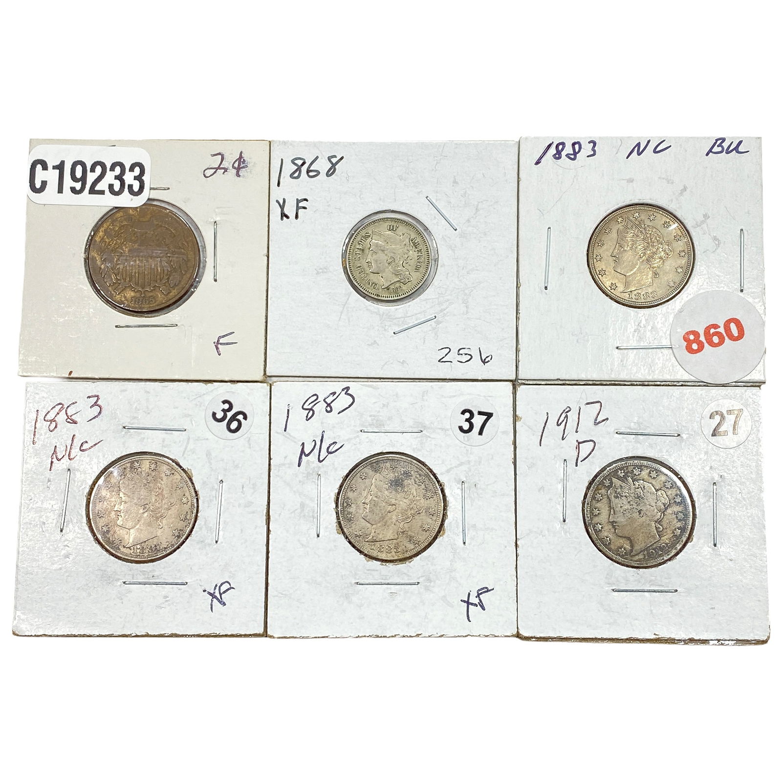 [6 Coins] 1865-192 U.S. Coin Lot 2C-5C (1 of 2)