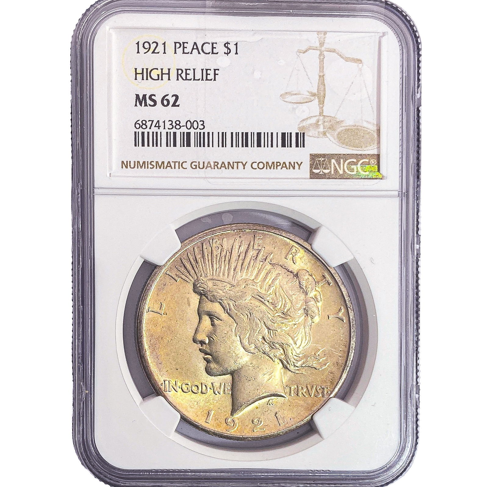 1921 Silver Peace Dollar NGC MS62 High Relief: 1921 Silver Peace Dollar NGC MS62 High Relief