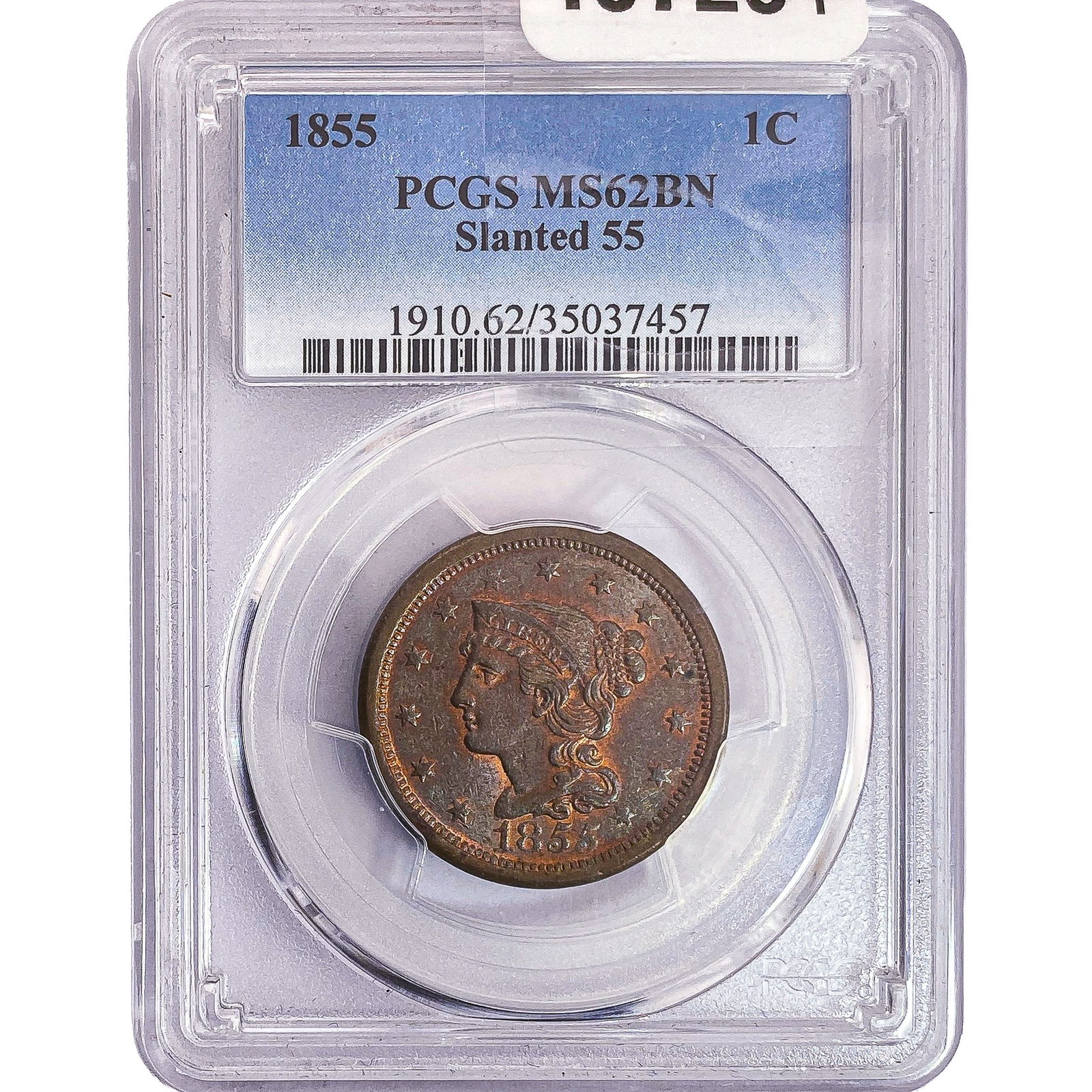 1855 Braided Hair Large Cent PCGS MS62 BN Slant 55: 1855 Braided Hair Large Cent PCGS MS62 BN Slant 55