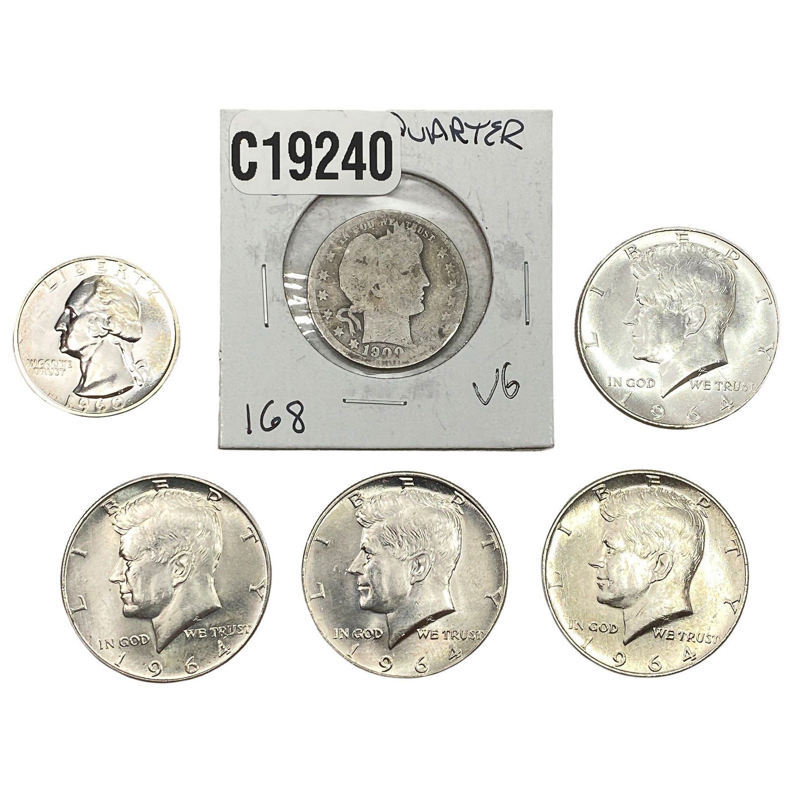 [6 Coins]1900-1964 U.S. Silver Quarter&Half Dollar Lot (1 of 2)