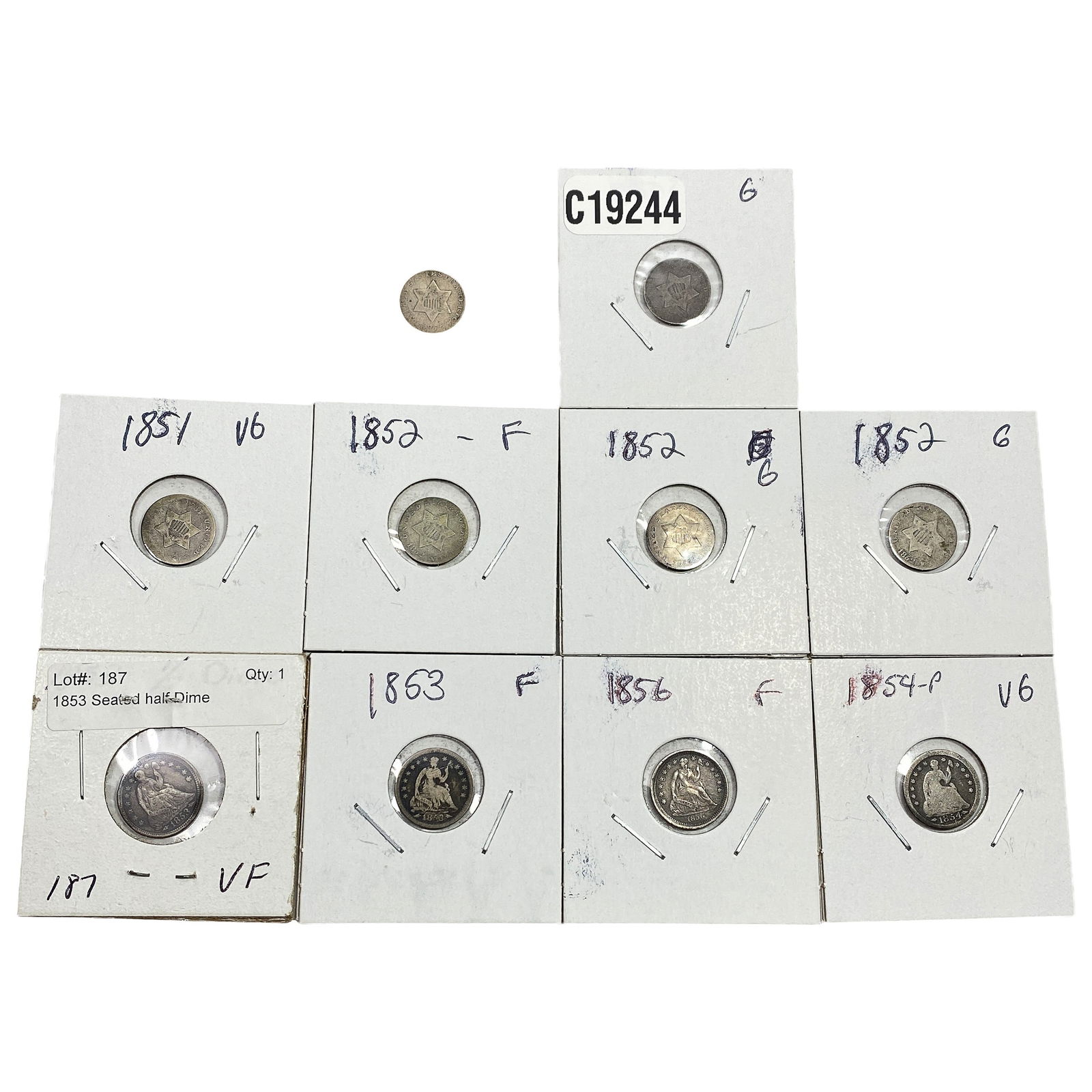 [10 Coins]1850-1856 U.S. Silver 3C & Half DIme Lot (1 of 2)