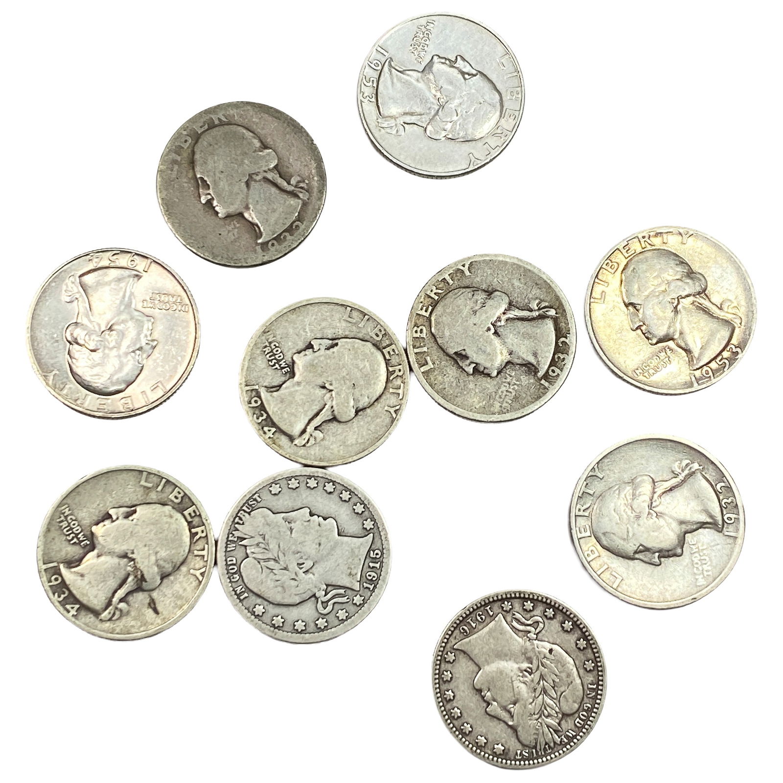 [10 Coins] 1915-1954 U.S. Silver Quarter Lot (1 of 2)
