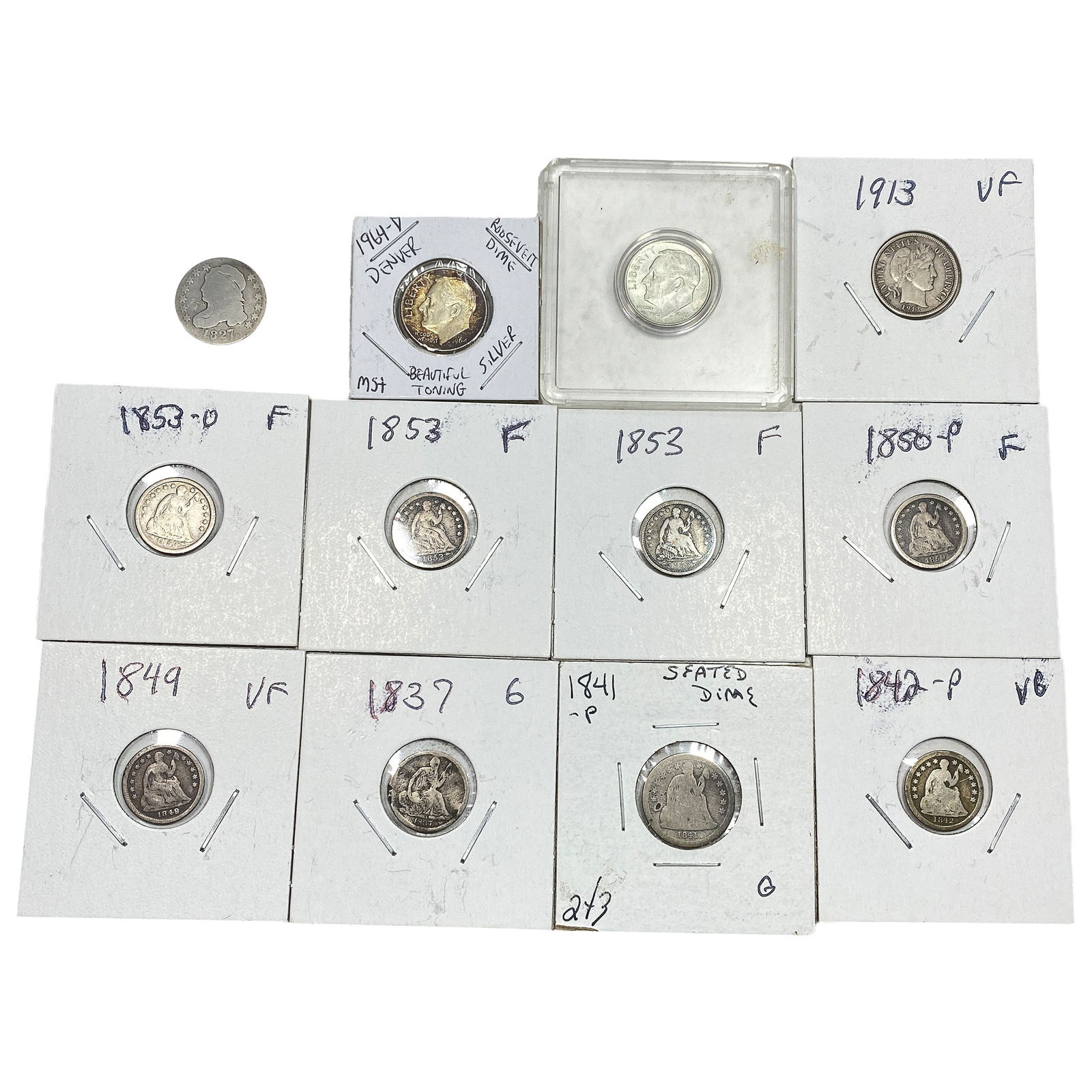 [12 Coins]1827-1964 U.S. Silver Half Dime&Dime Lot (1 of 2)