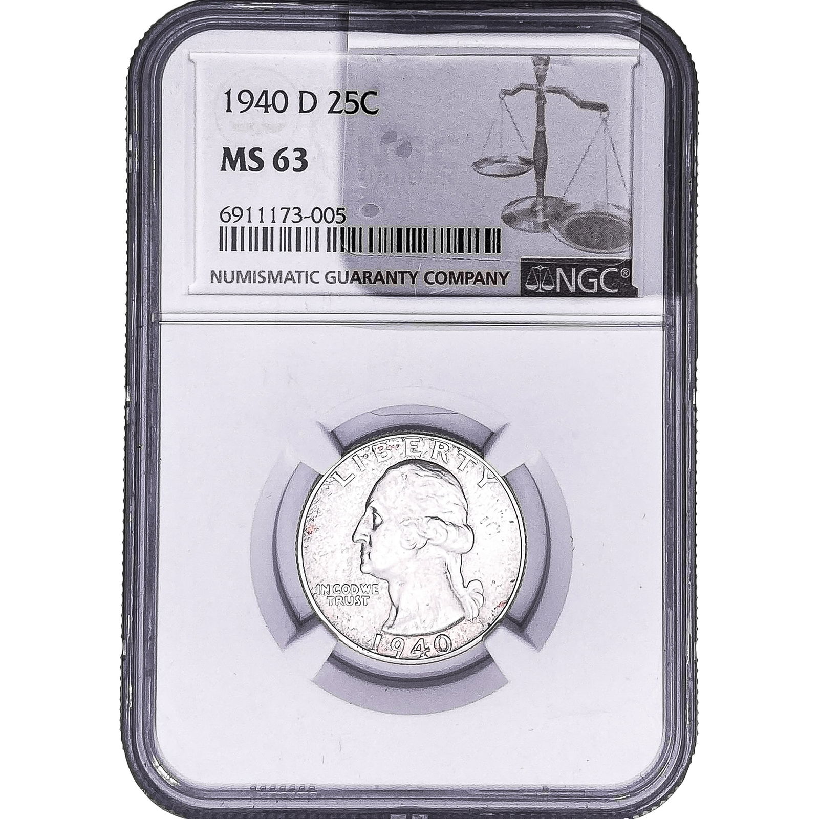 1940-D Washington Silver Quarter NGC MS63: 1940-D Washington Silver Quarter NGC MS63