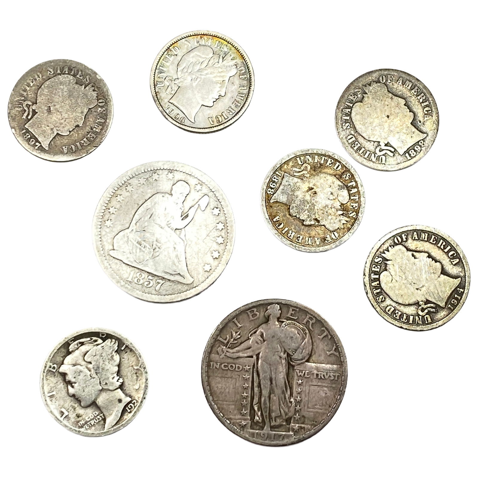 [8 Coins] 1857-1921 U.S. Silver Dime & Quarter Lot (1 of 2)