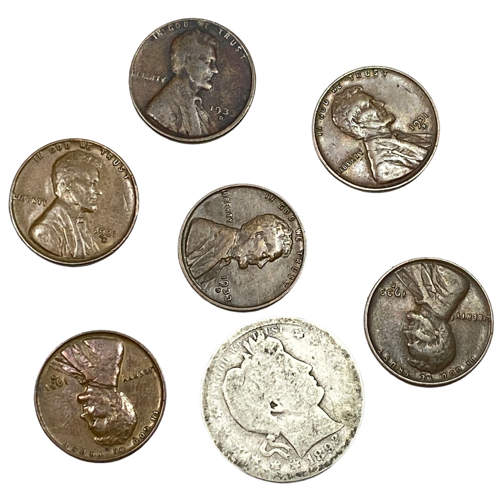 [7 Coins] 1893-1933 U.S. Wheat Cent & Barber 25C: [7 Coins] 1893-1933 U.S. Wheat Cent & Barber 25C