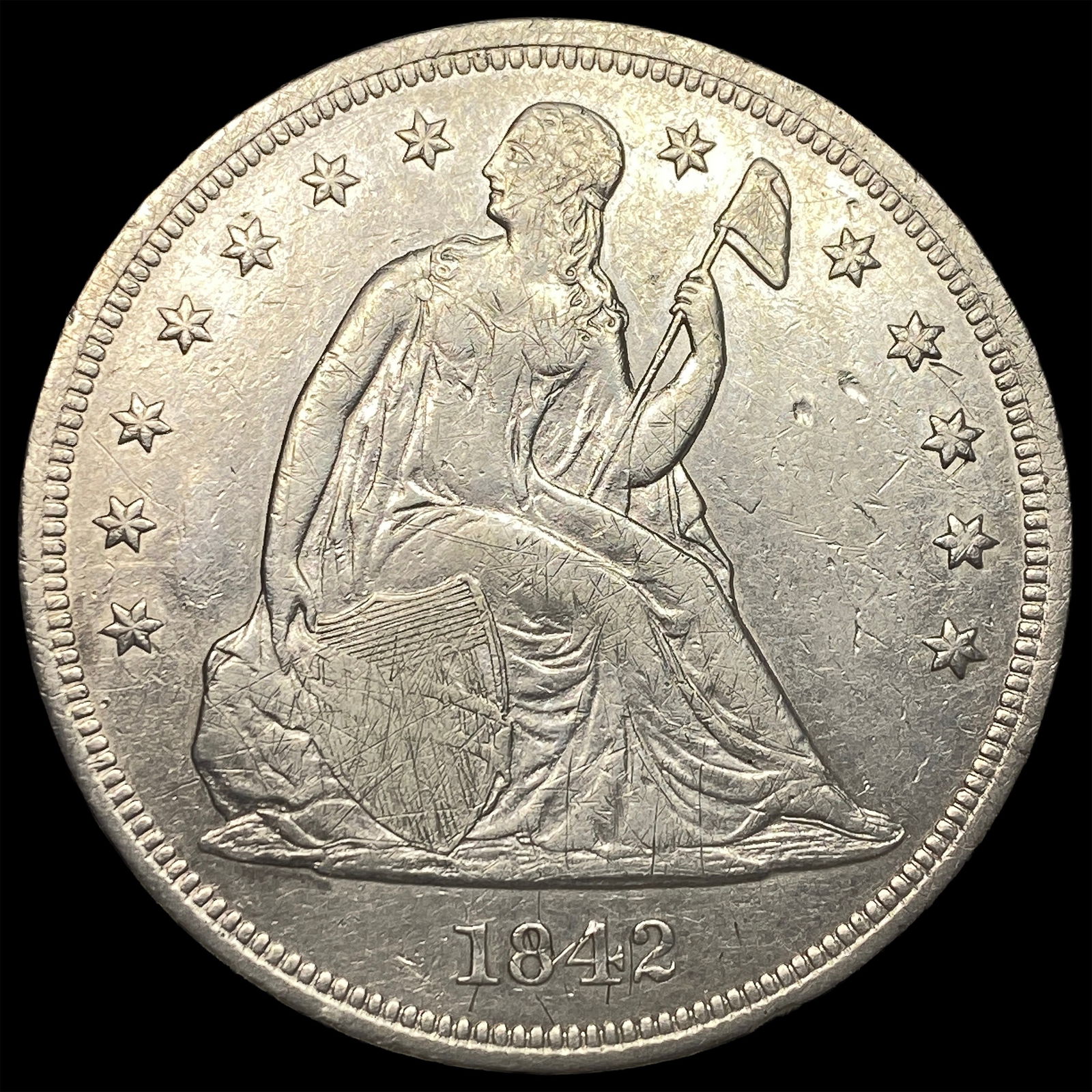 1842 Seated Liberty Silver Dollar NEARLY UNCIRCULATED: 1842 Seated Liberty Silver Dollar NEARLY UNCIRCULATED