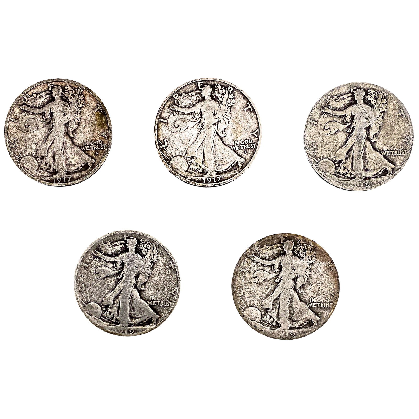 [5 Coins] 1917-1919 Walking Liberty Half Dollar: [5 Coins] 1917-1919 Walking Liberty Half Dollar