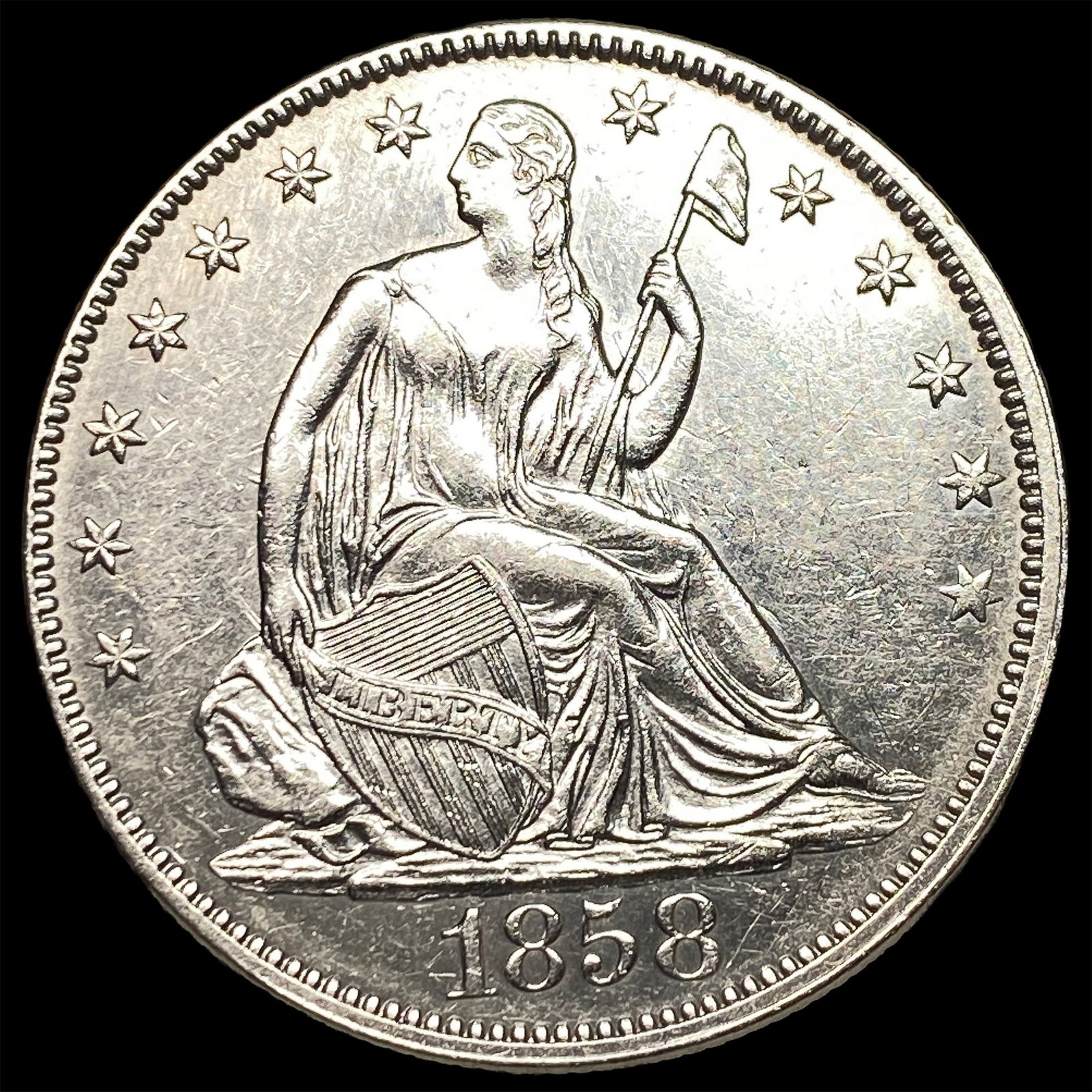 1858 Seated Liberty Half Dollar CLOSELY UNCIRCULATED: 1858 Seated Liberty Half Dollar CLOSELY UNCIRCULATED