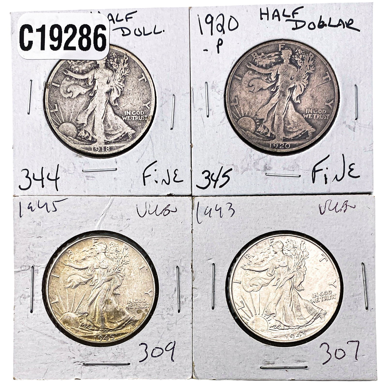 [4 Coins] 1918-1945 Walking Liberty Half Dollar (1 of 2)