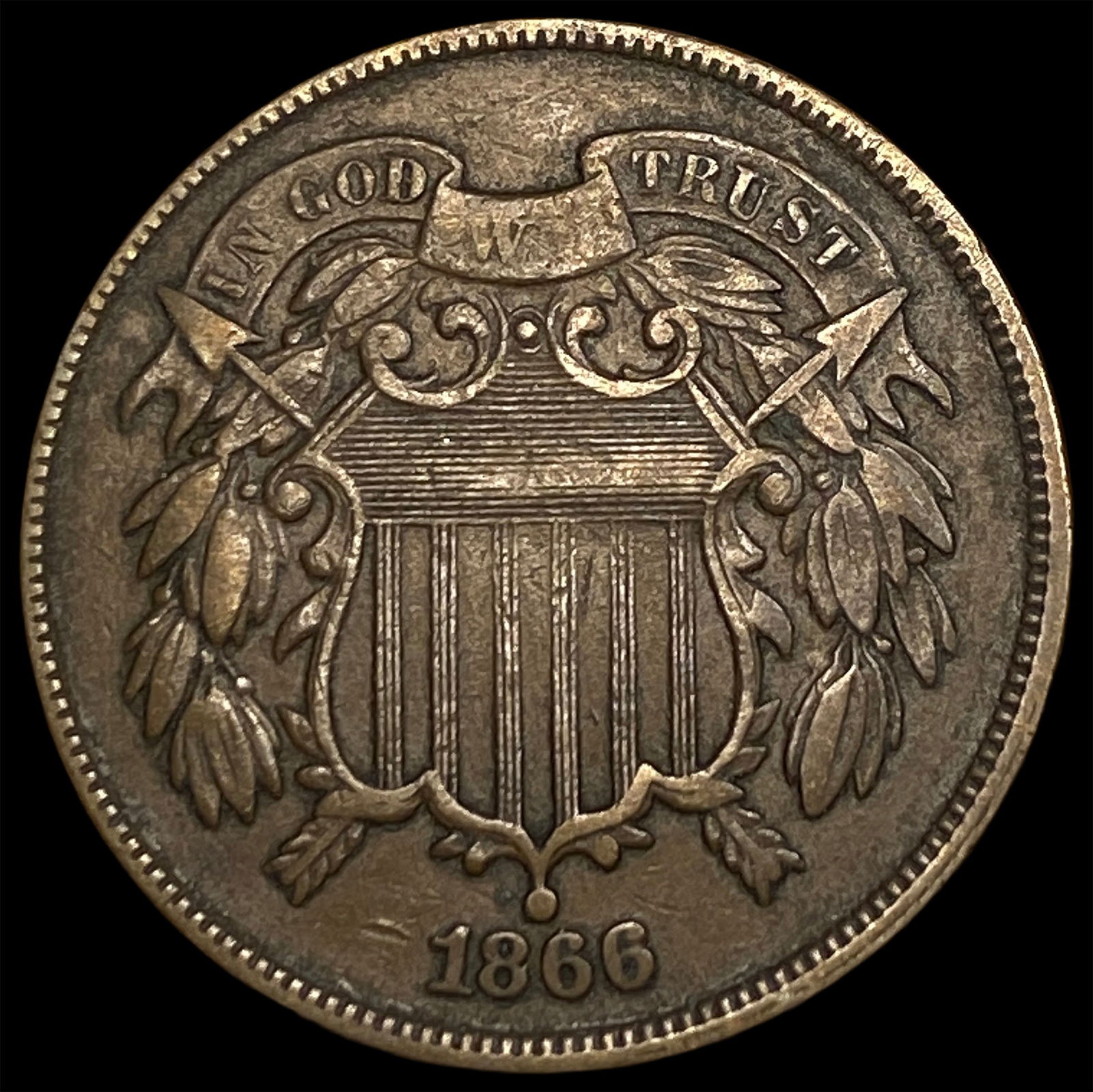 1866 Copper 2 Cents ABOUT UNCIRCULATED: 1866 Copper 2 Cents ABOUT UNCIRCULATED