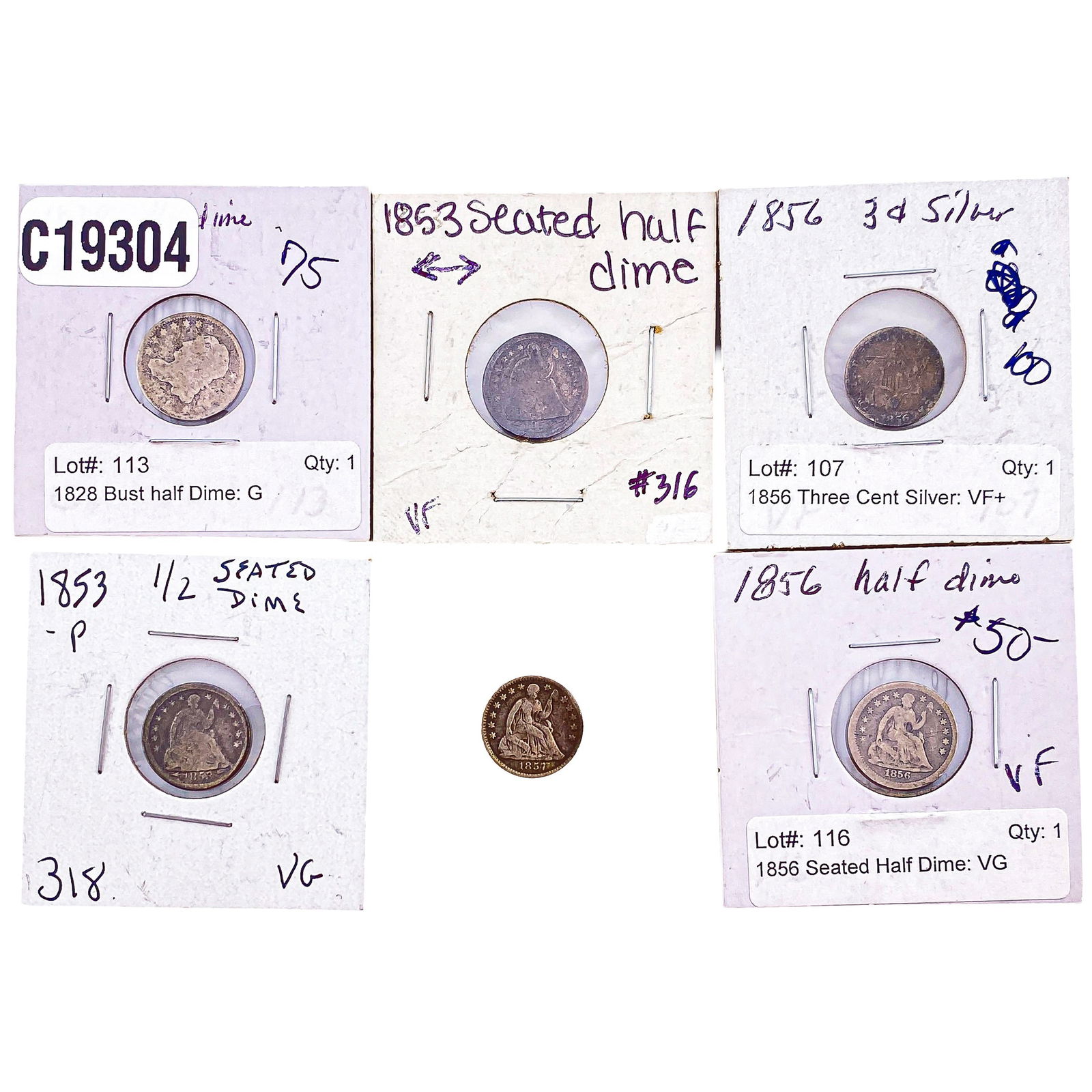 [6 Coins] 1828-1857 U.S. Silver Coin Lot 3C-10C (1 of 2)