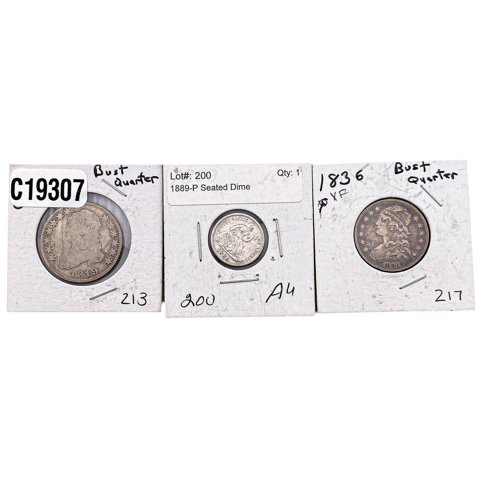 [3 Coins] 1819-1889 U.S. Silver Coin Lot 10C-25C (1 of 2)