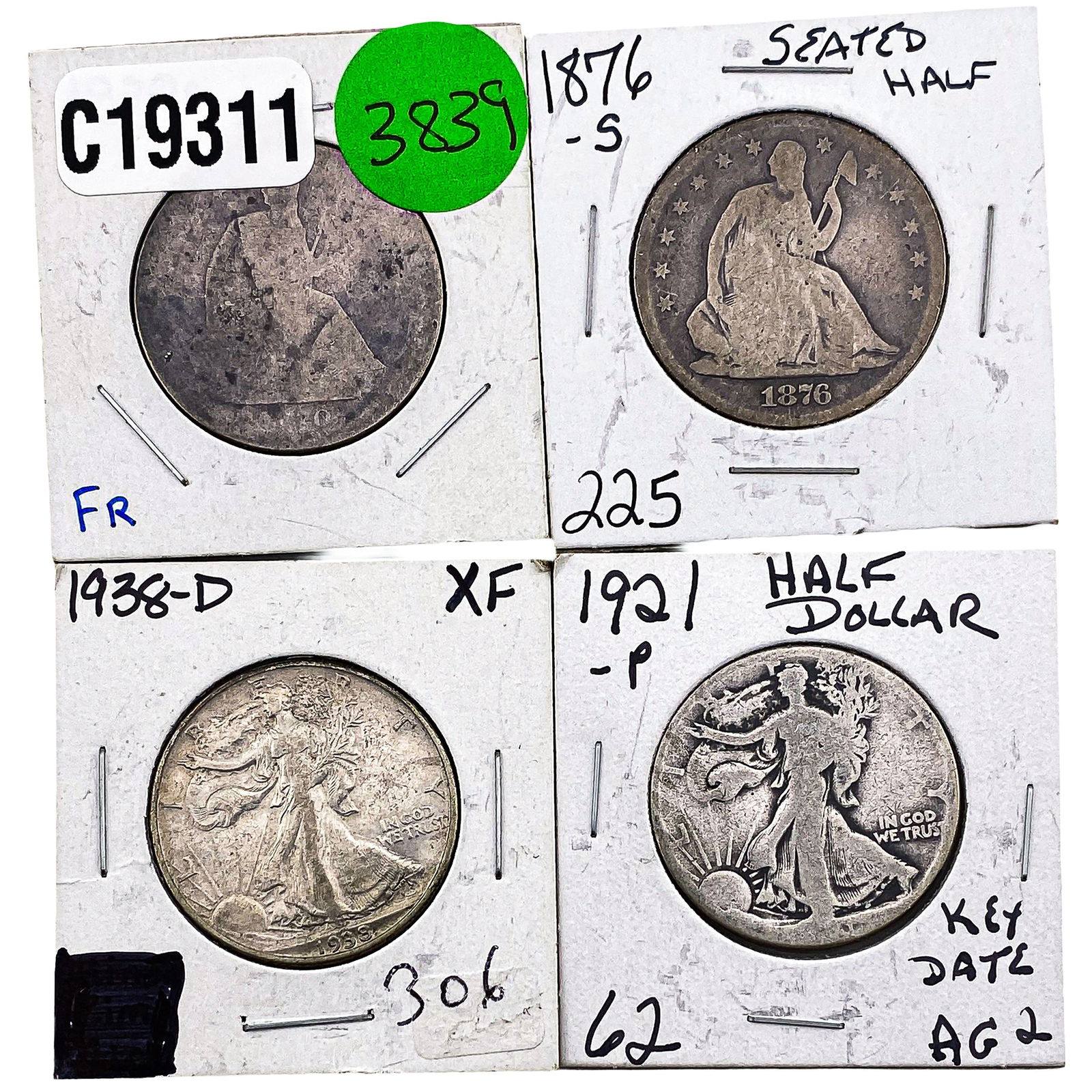 [4 Coins] 1870-1938 U.S. Silver Half Dollar Lot (1 of 2)