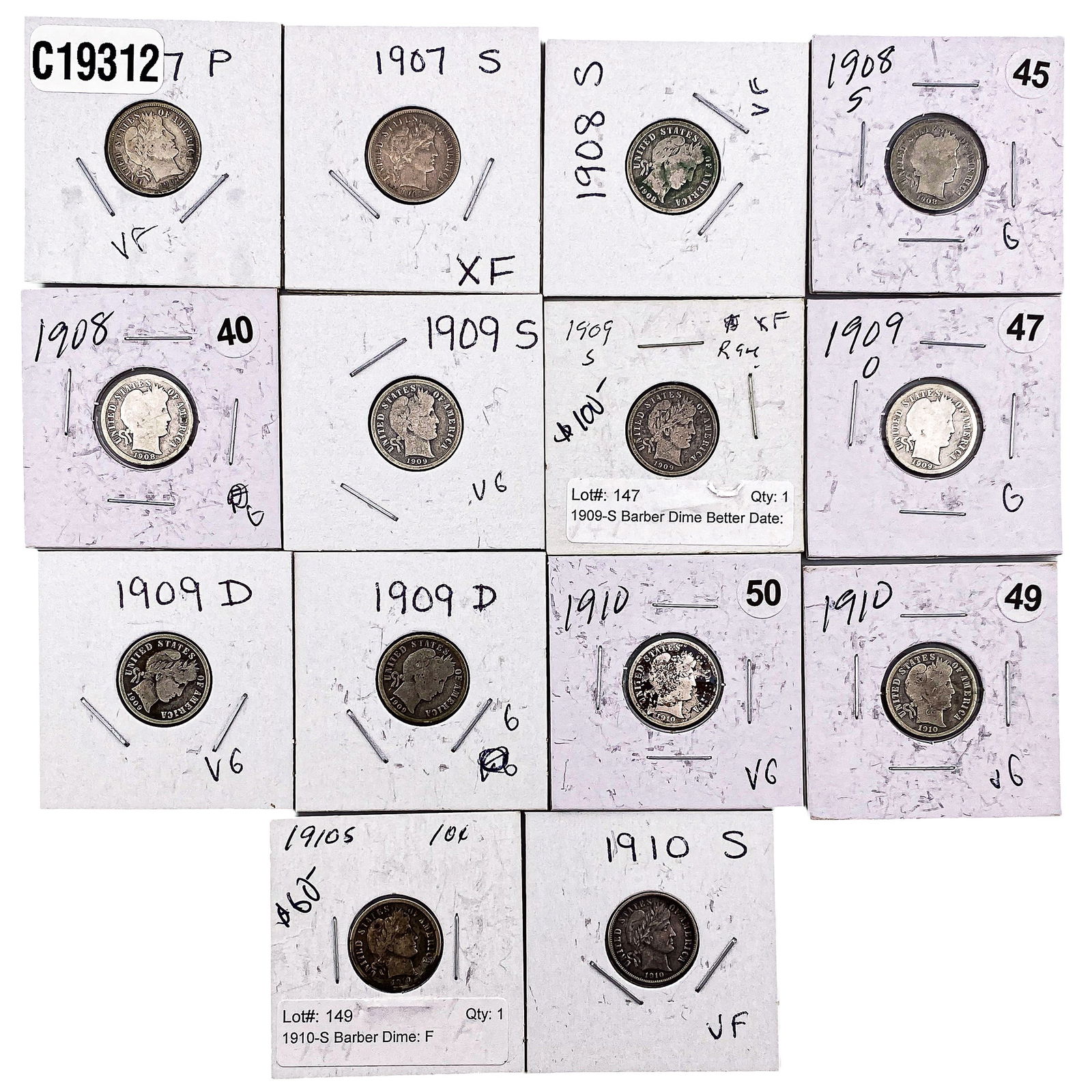 [14 Coins] 1907-1910 Barber Dime: [14 Coins] 1907-1910 Barber Dime