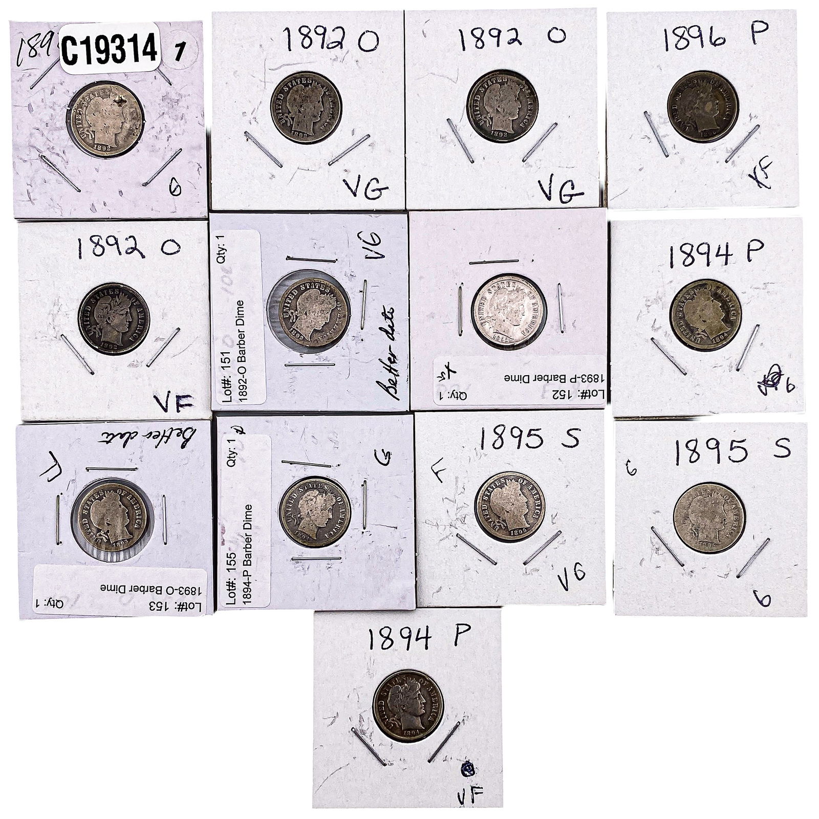 [13 Coins] 1892-1896 Barber Dime: [13 Coins] 1892-1896 Barber Dime