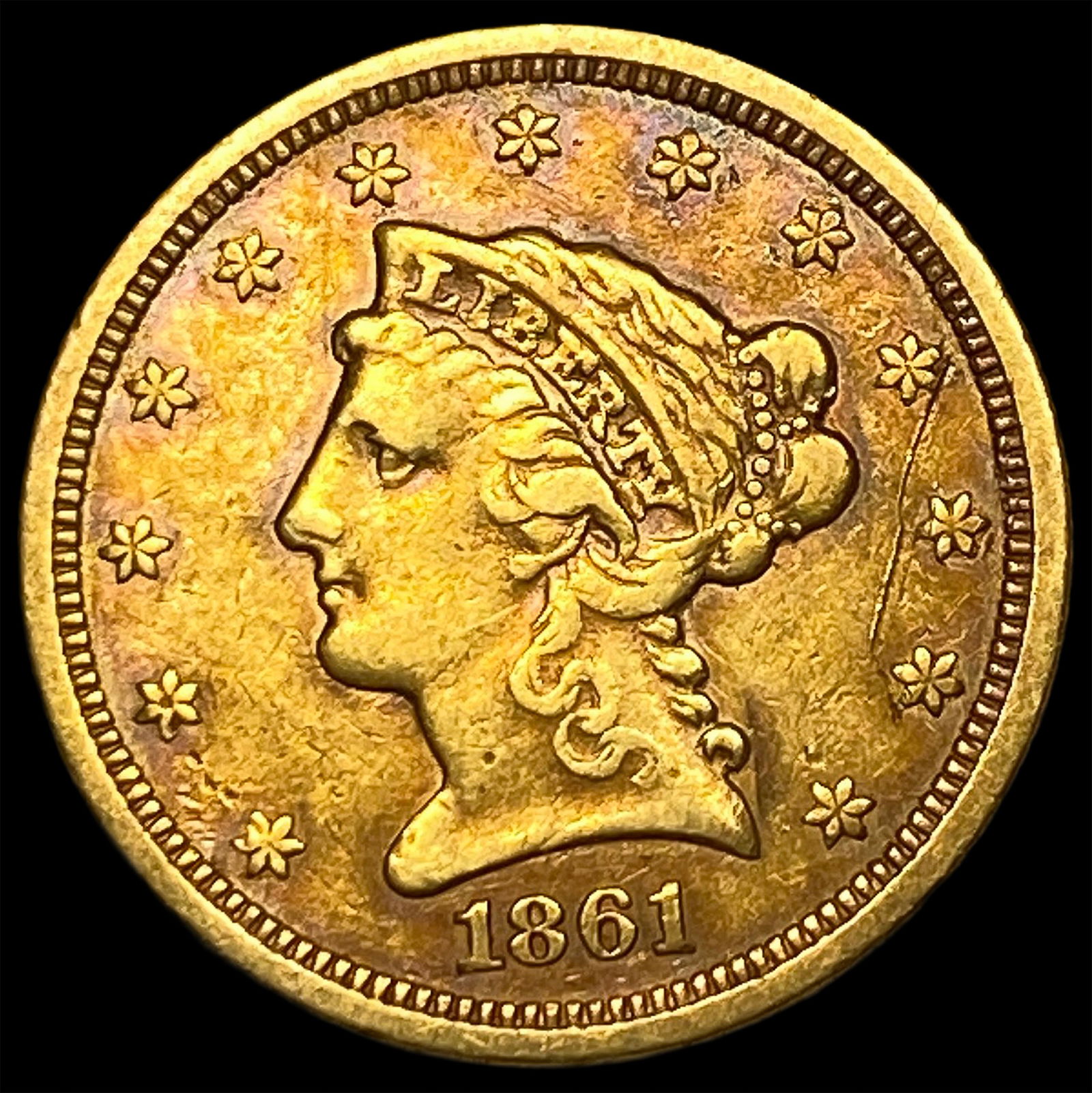 1861 Liberty Head Gold Quarter Eagle $2.50 NEARLY UNCIRCULATED: 1861 Liberty Head Gold Quarter Eagle $2.50 NEARLY UNCIRCULATED