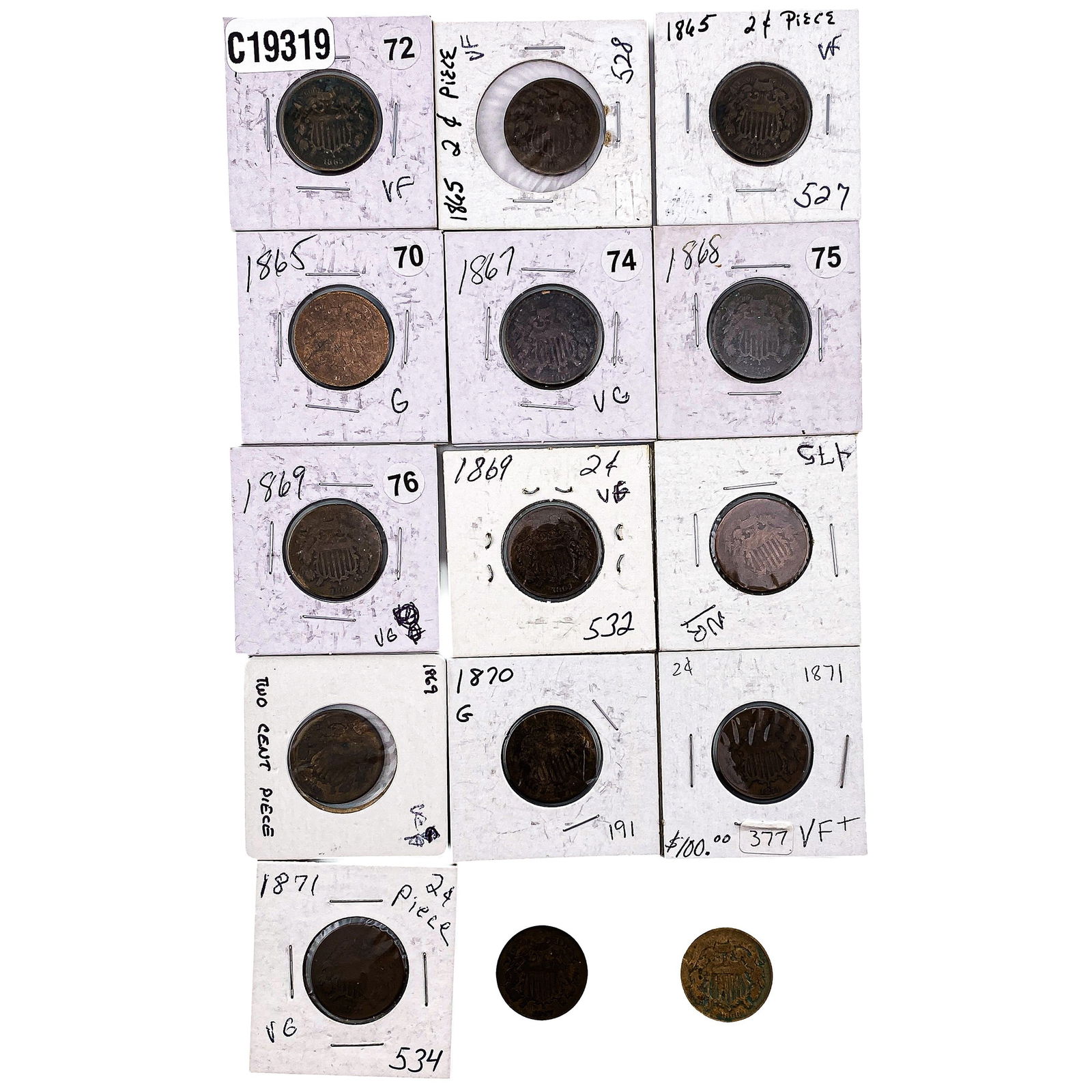 [15 Coins] 1865-1871 Two Cent Piece (1 of 2)