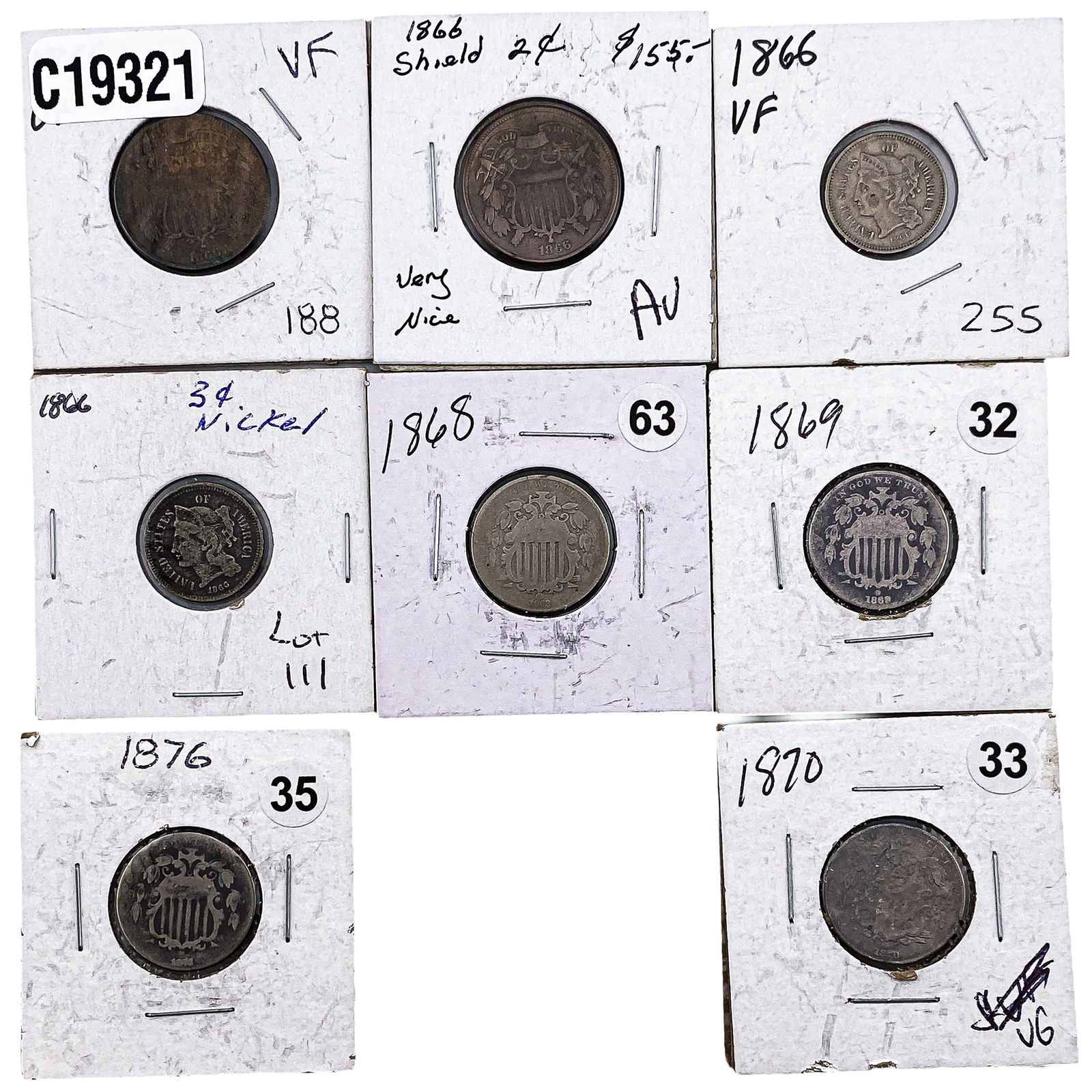 [8 Coins] 1866-1876 U.S. Coin Lot 2C, 3C, &5C (1 of 2)